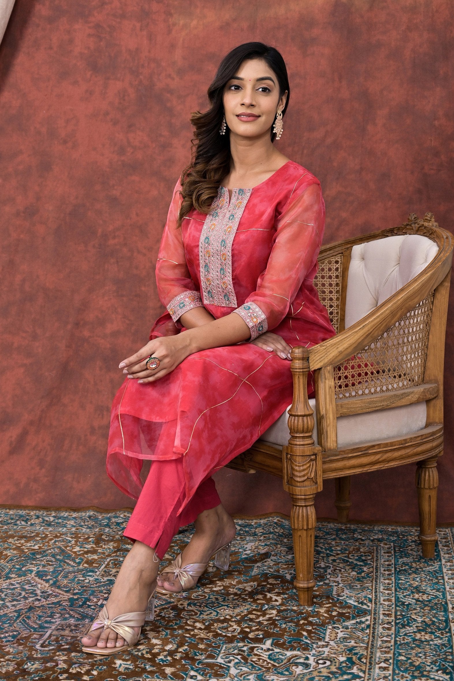 Exquisite Pink Digital & Foil Print Organza Kurta Pant Set
