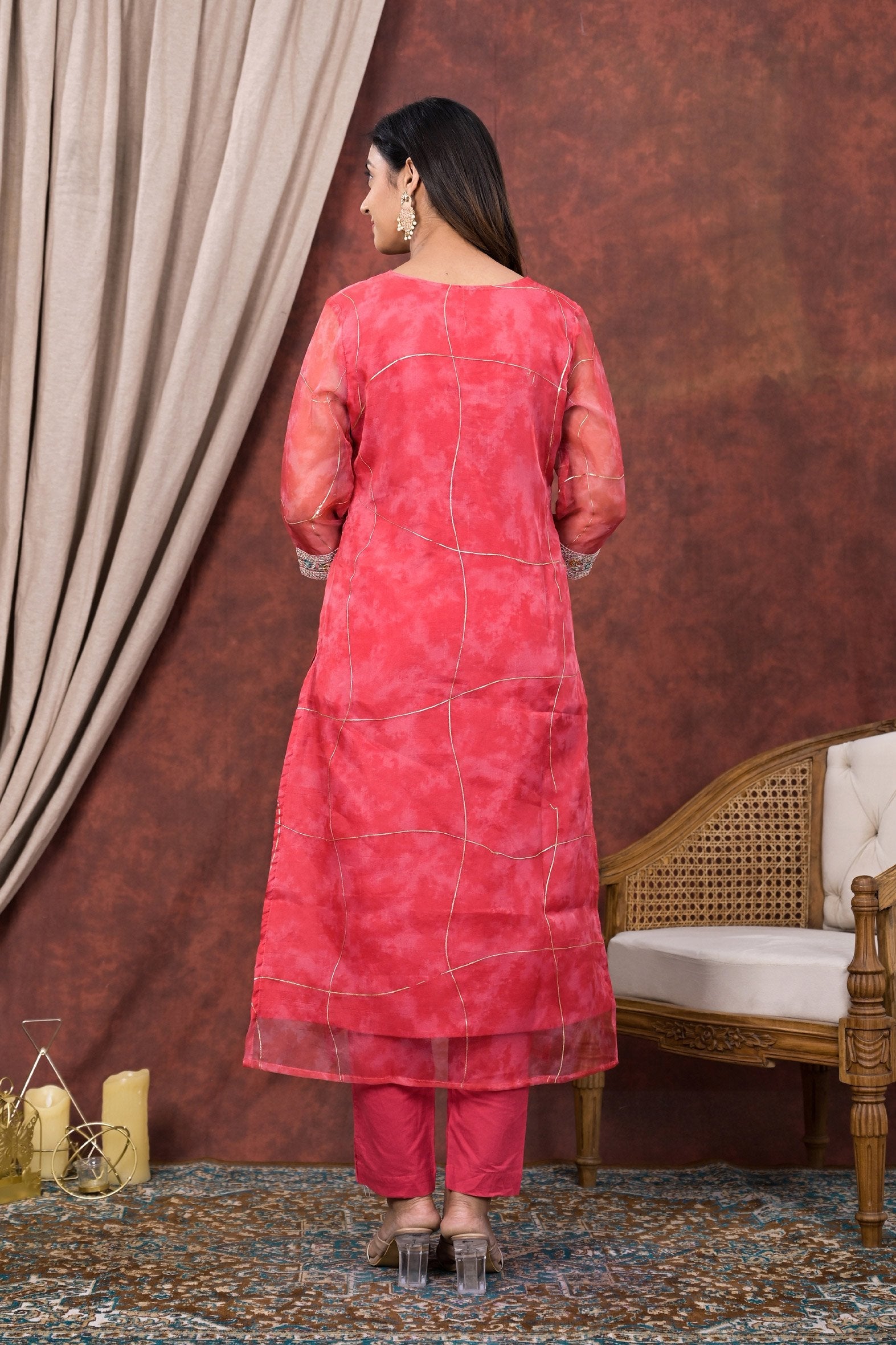 Exquisite Pink Digital & Foil Print Organza Kurta Pant Set