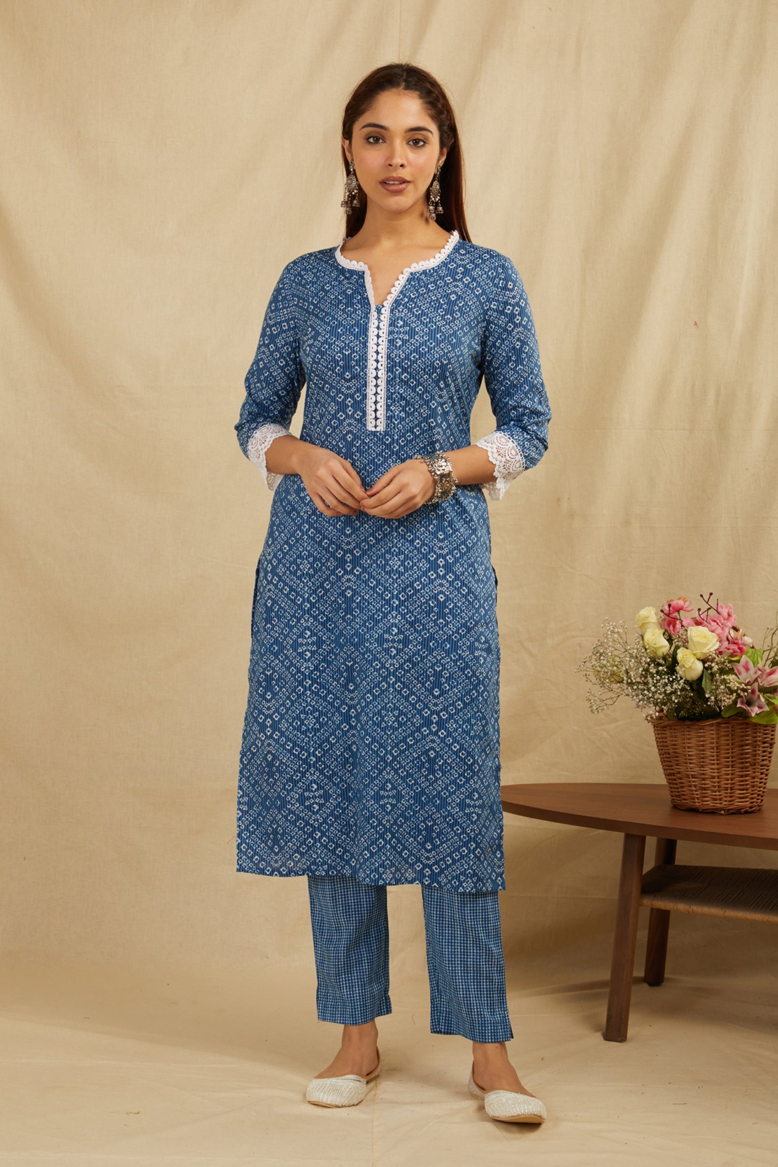 Indigo Bandhej Printed Cotton Kurta Pant Set with Tassels