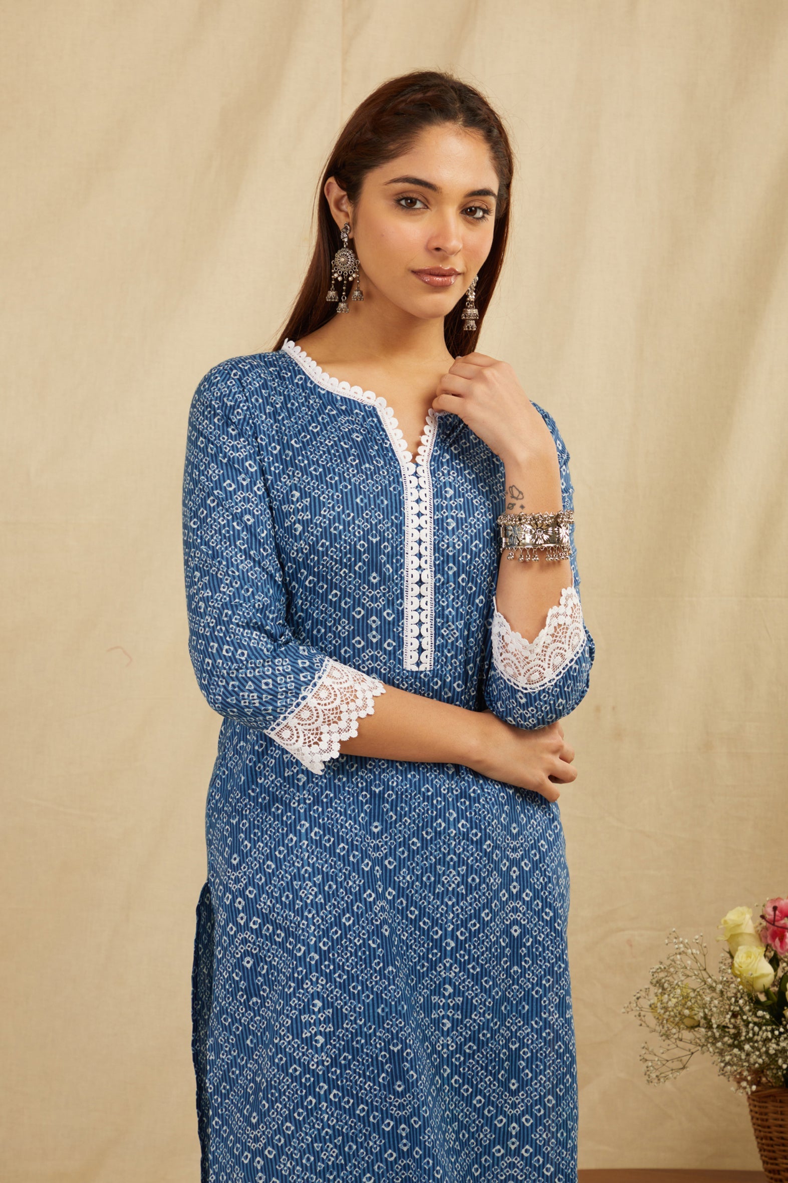 Indigo Bandhej Printed Cotton Kurta Pant Set with Tassels
