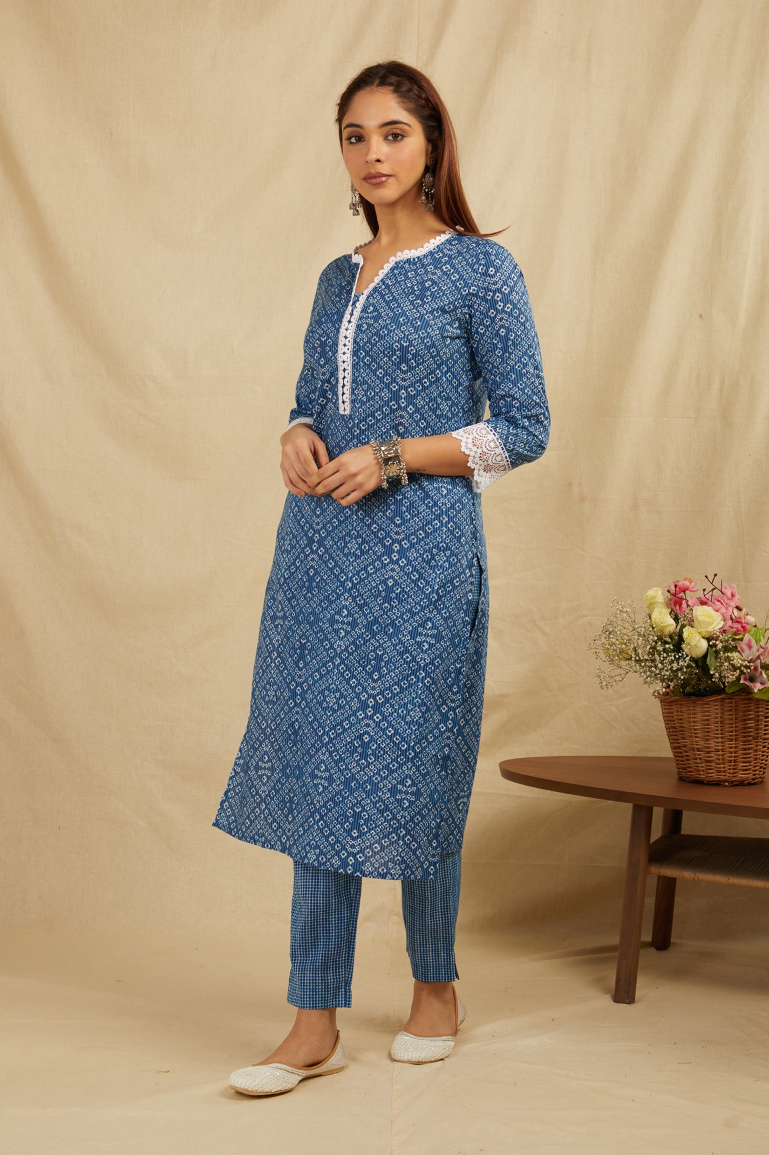 Indigo Bandhej Printed Cotton Kurta Pant Set with Tassels