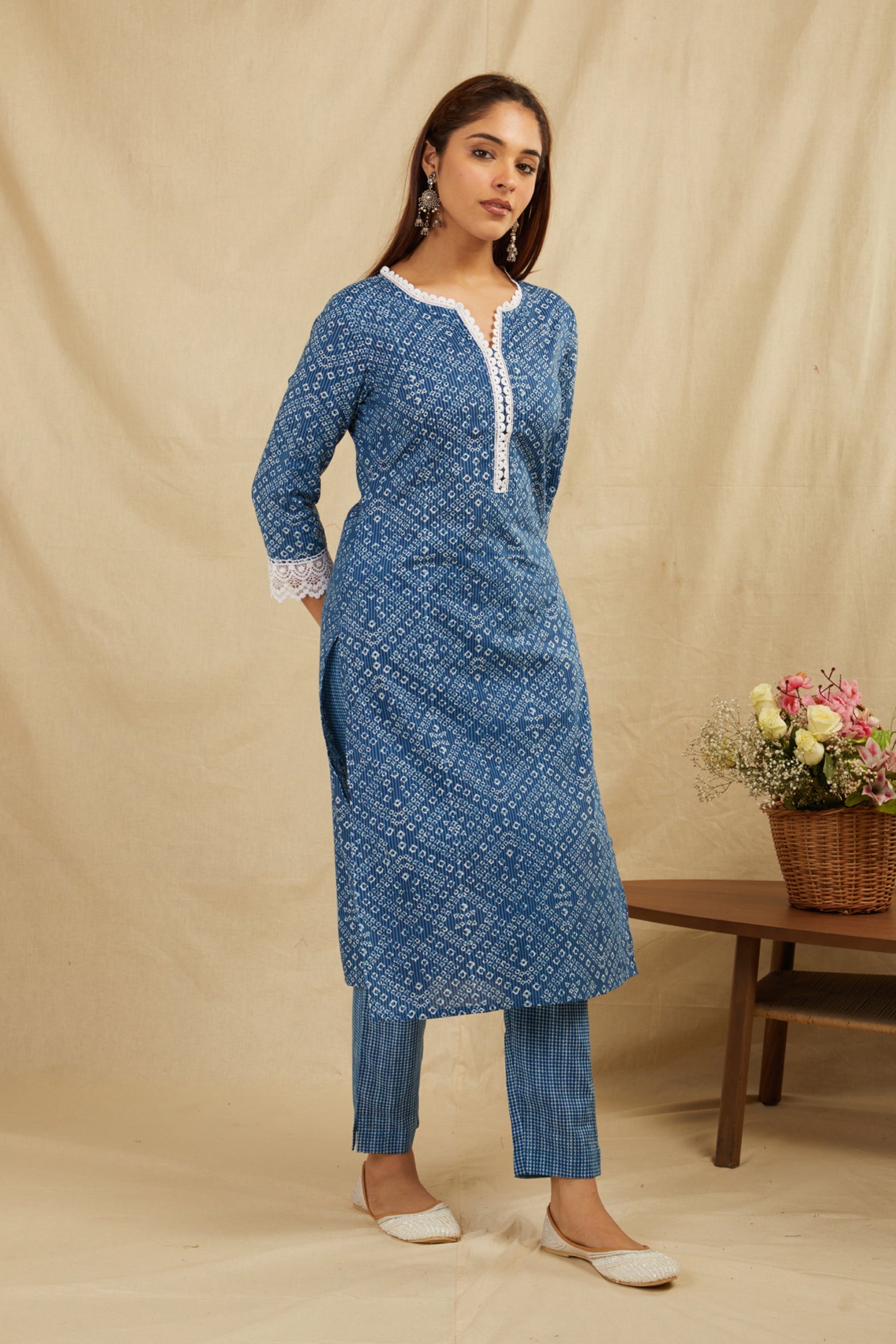 Indigo Bandhej Printed Cotton Kurta Pant Set with Tassels