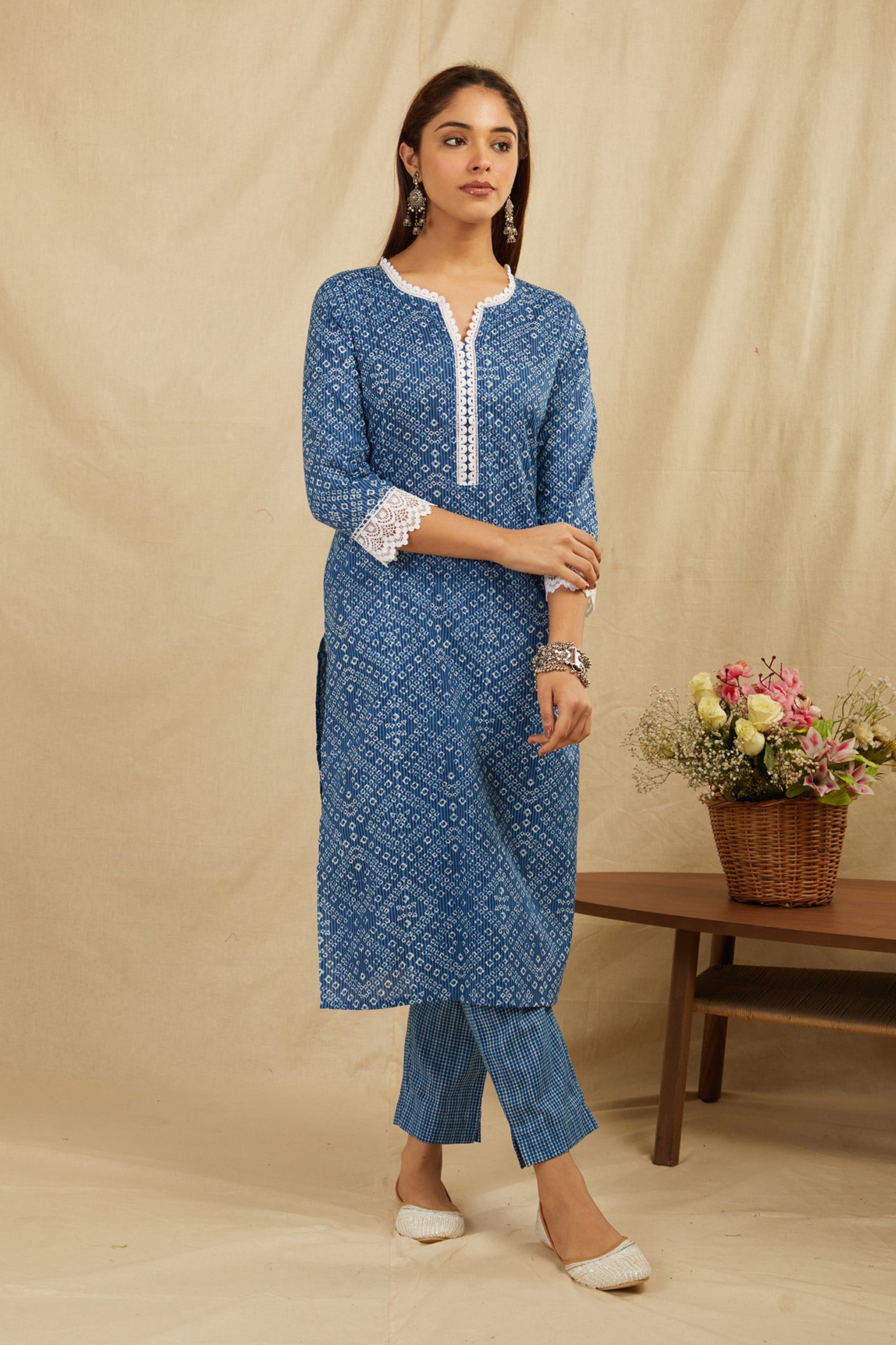 Indigo Bandhej Printed Cotton Kurta Pant Set with Tassels