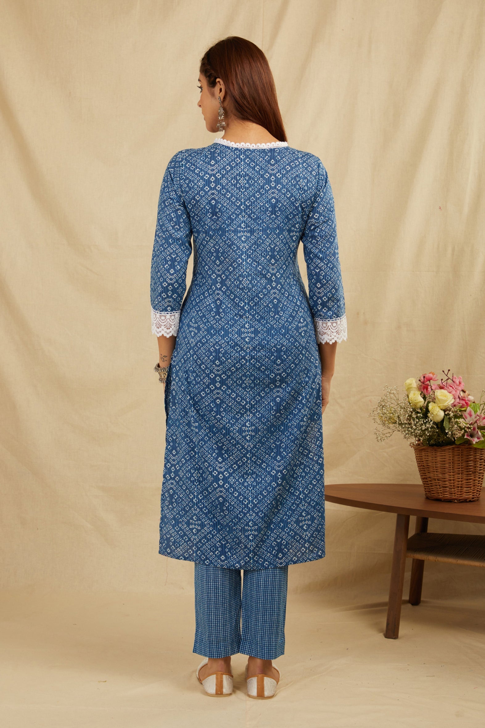 Indigo Bandhej Printed Cotton Kurta Pant Set with Tassels