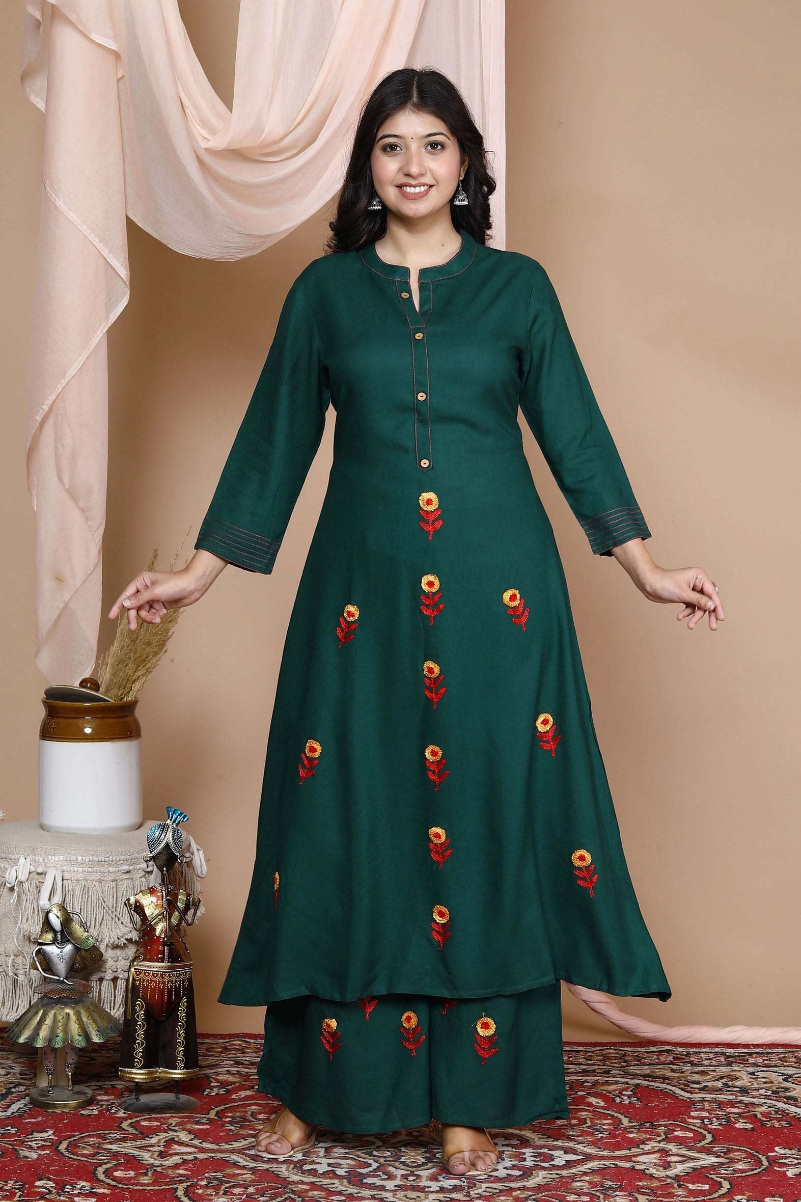 Classic Sea Green Rayon Embroidered Kurta with Palazzo Set