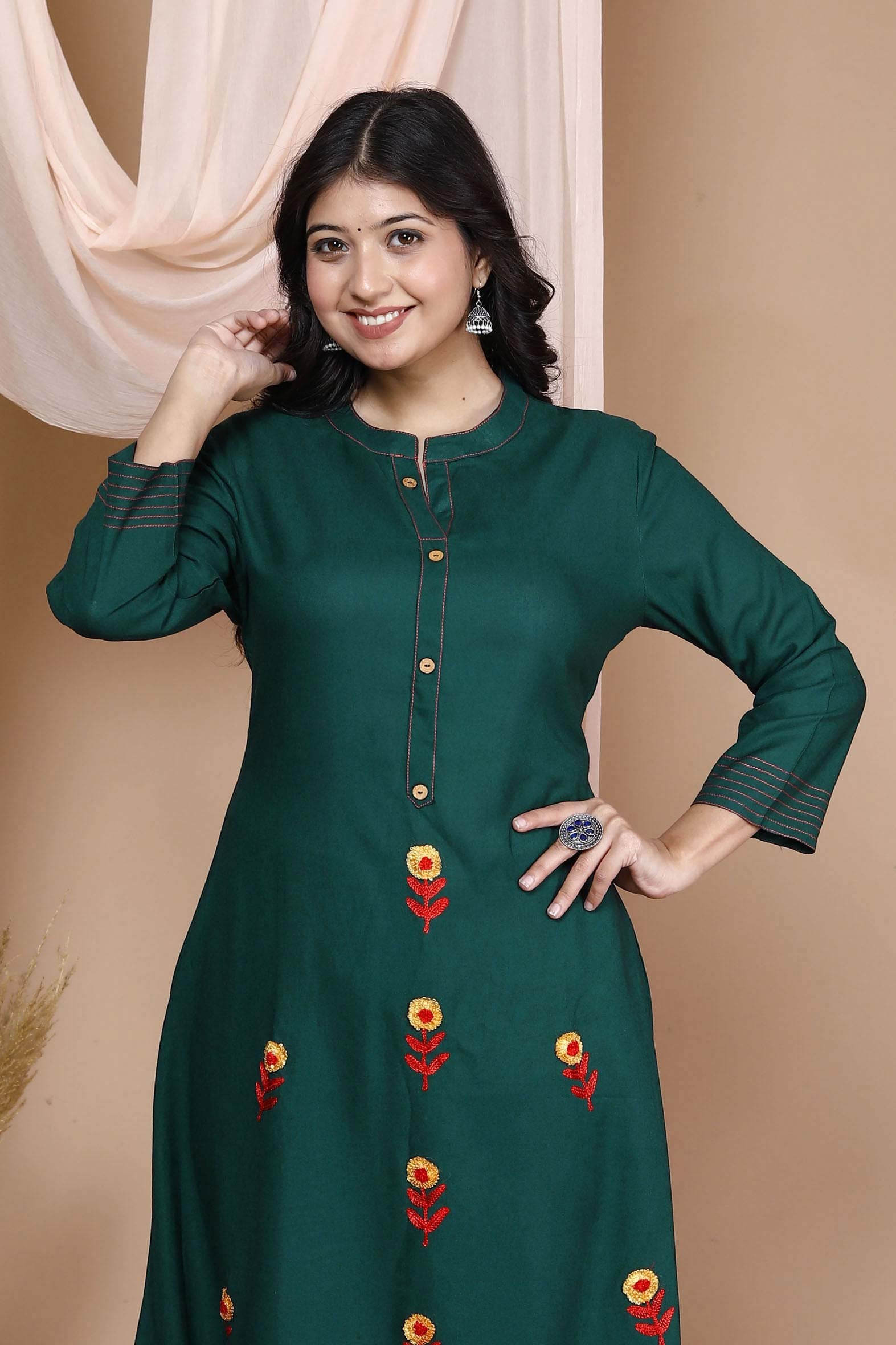Classic Sea Green Rayon Embroidered Kurta with Palazzo Set