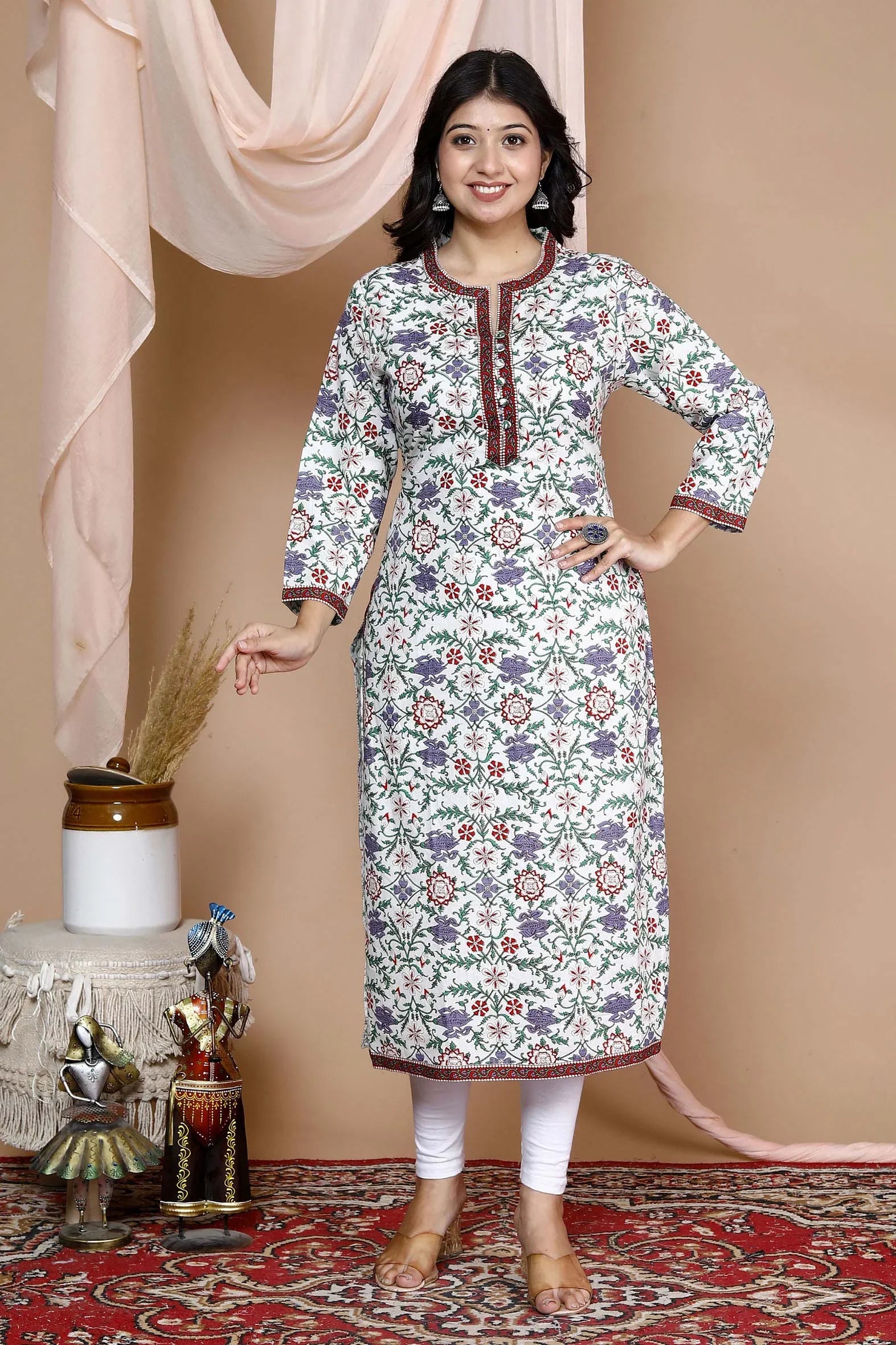 Breath-taking White Cotton Jaal Print Kurta with Pants Set