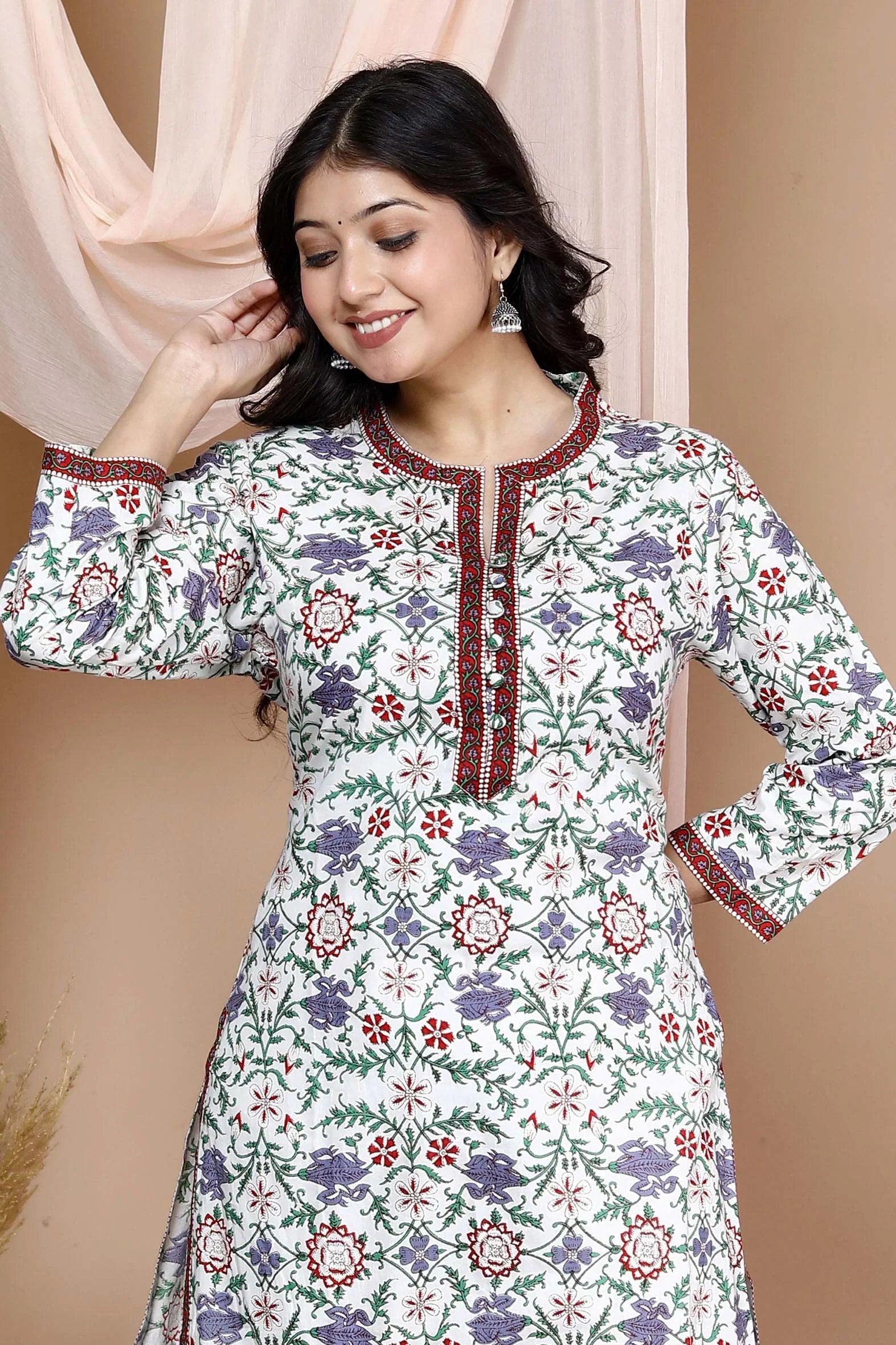 Breath-taking White Cotton Jaal Print Kurta with Pants Set