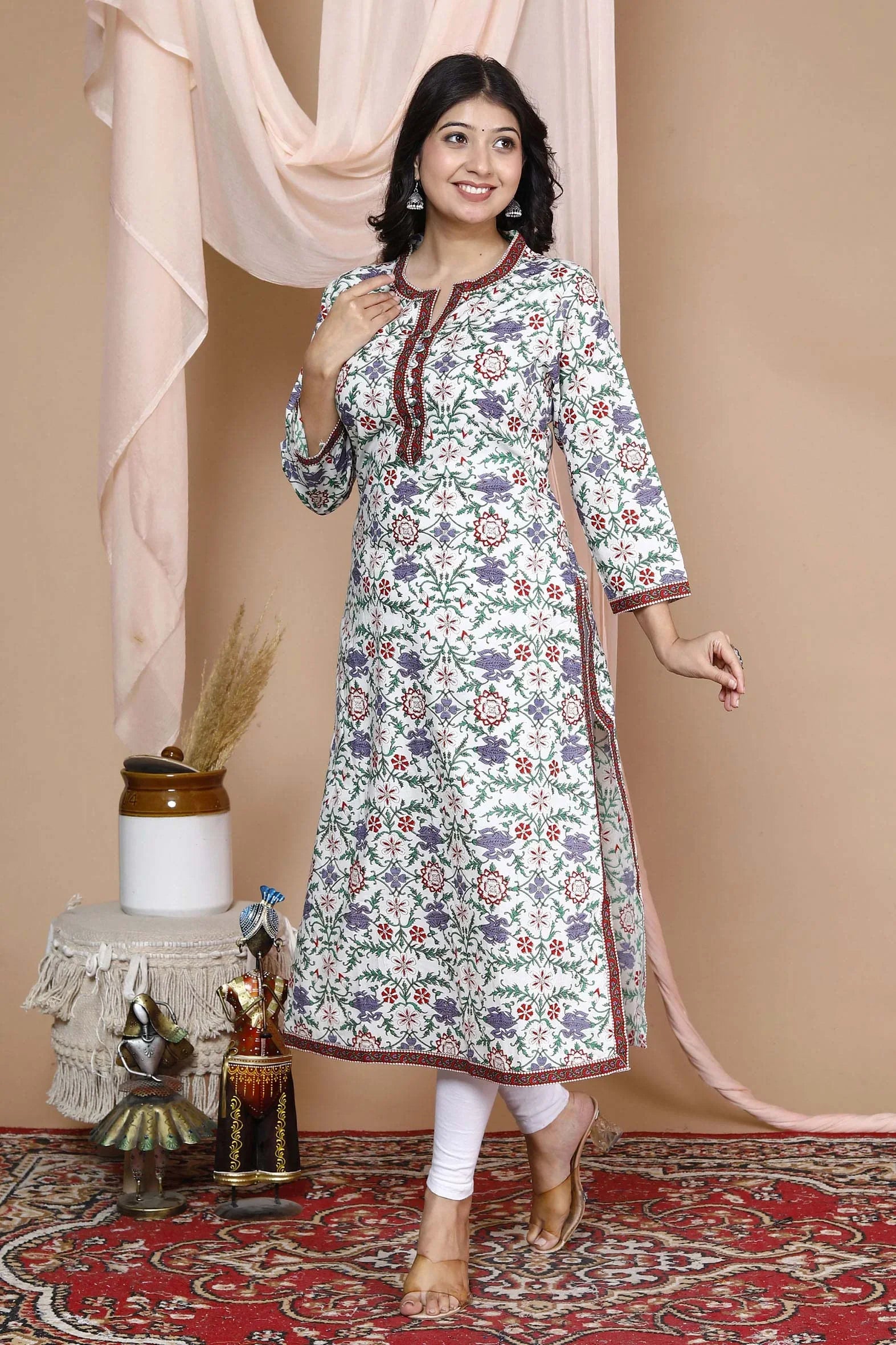 Breath-taking White Cotton Jaal Print Kurta with Pants Set