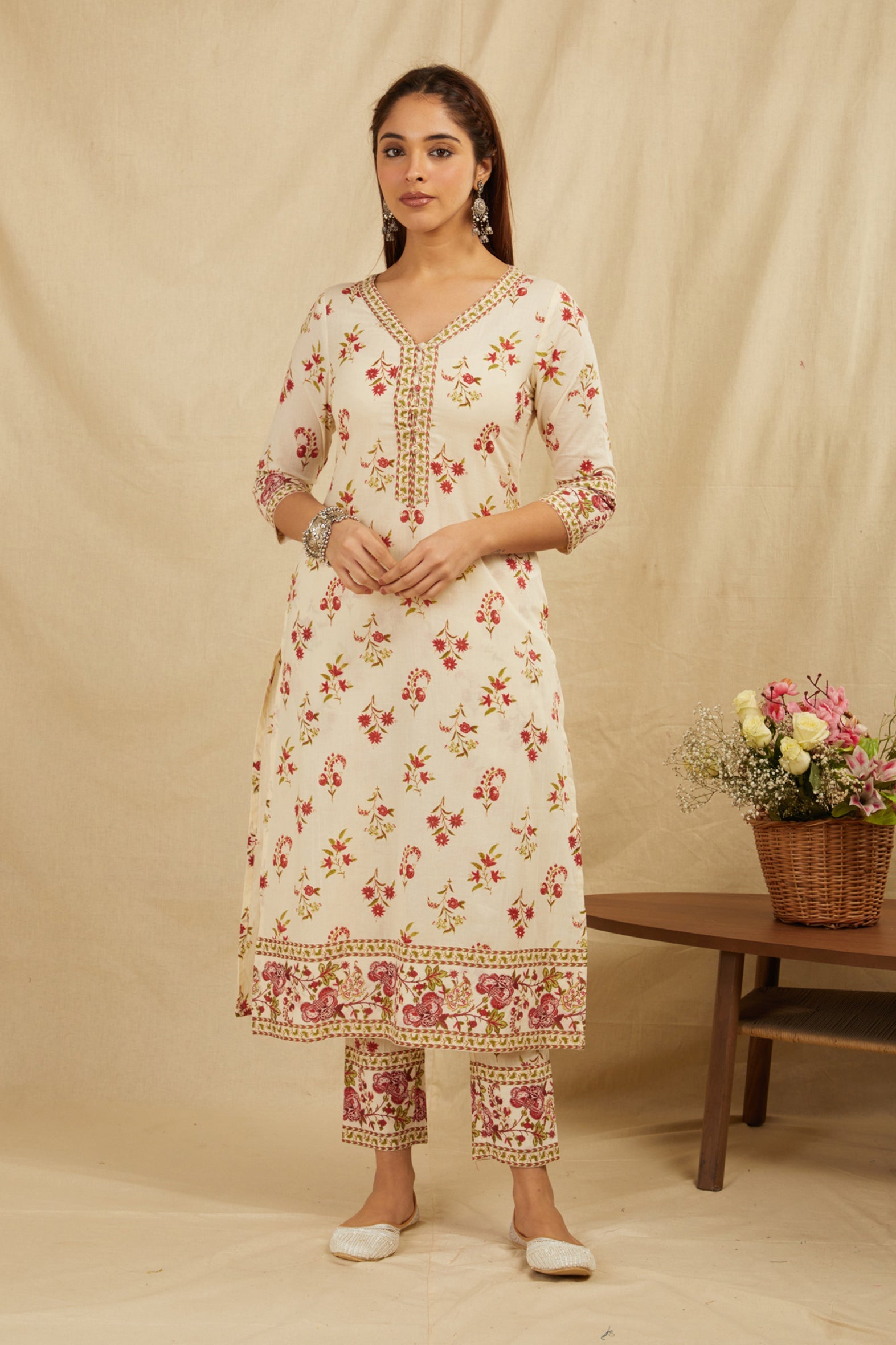 Cream Butti Printed Cotton Kurta Pant Set with Tassels