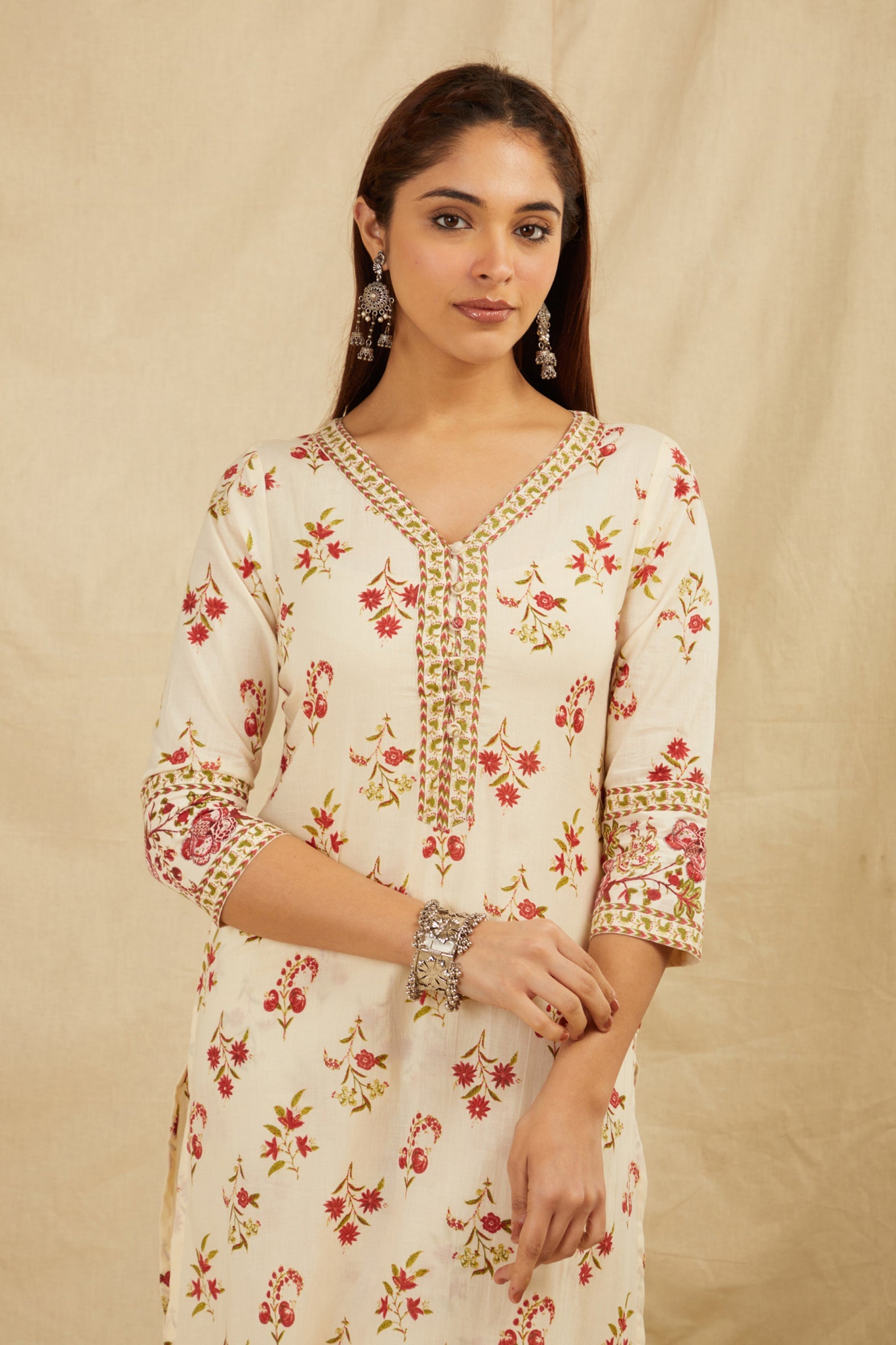 Cream Butti Printed Cotton Kurta Pant Set with Tassels