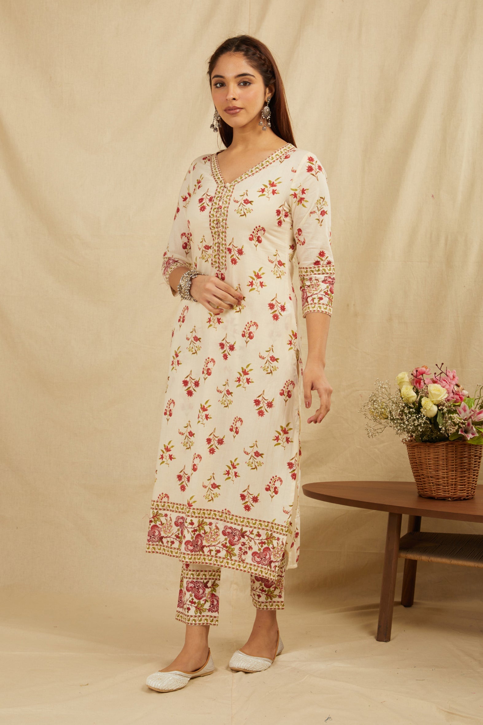 Cream Butti Printed Cotton Kurta Pant Set with Tassels