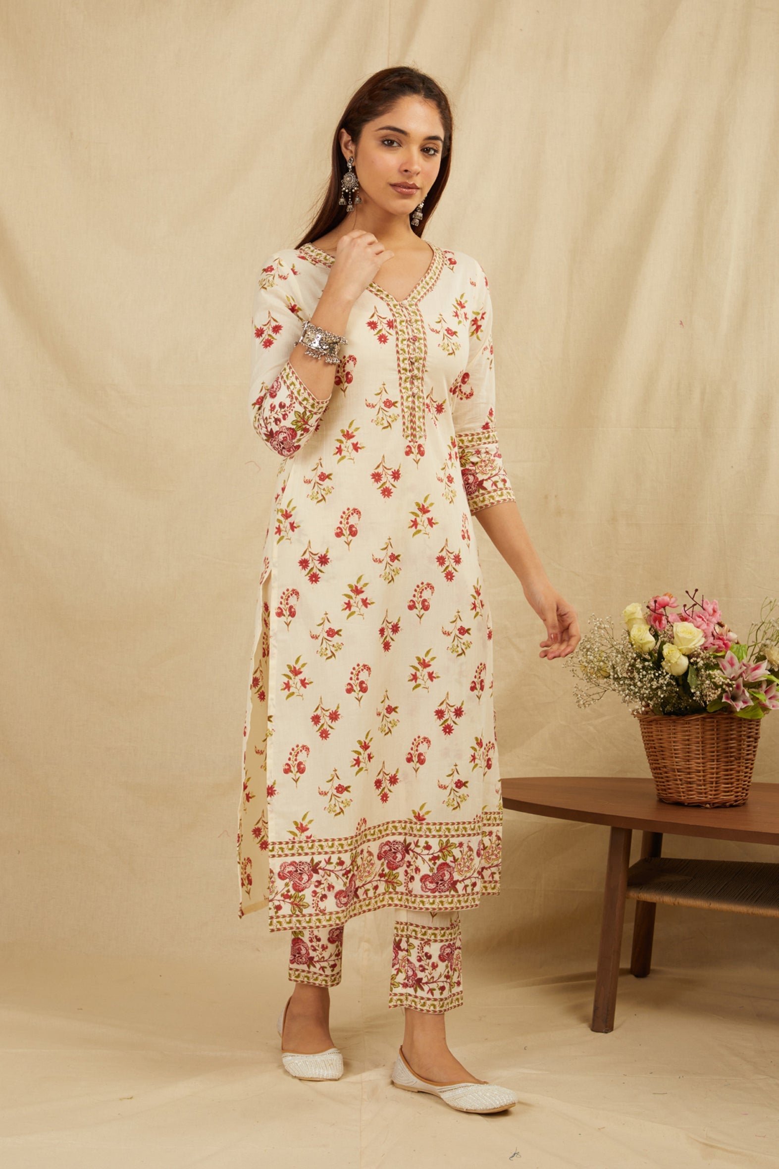 Cream Butti Printed Cotton Kurta Pant Set with Tassels