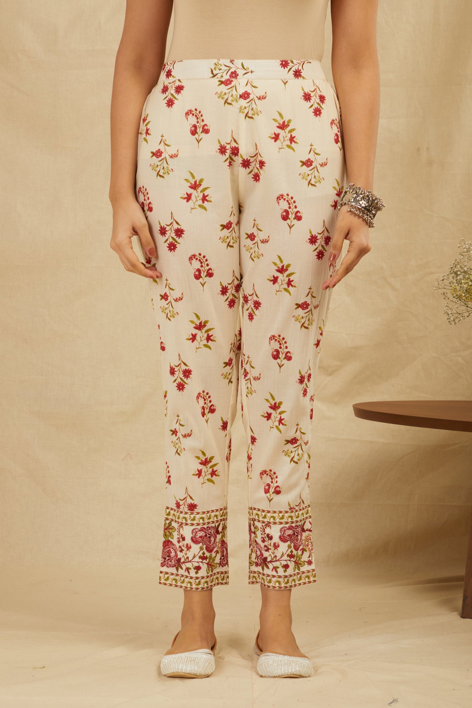 Cream Butti Printed Cotton Kurta Pant Set with Tassels