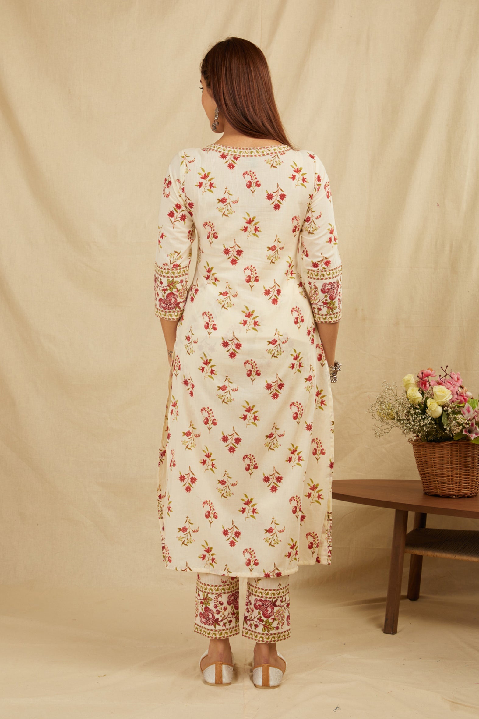 Cream Butti Printed Cotton Kurta Pant Set with Tassels