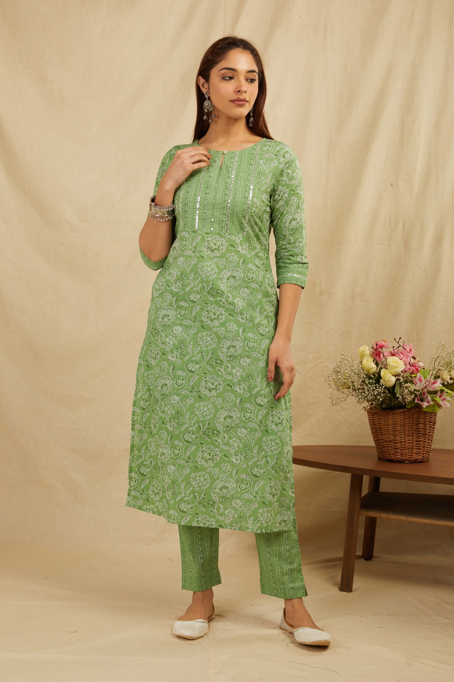 Green Straight Cotton Kurta Pant Set - Elegant & Comfy