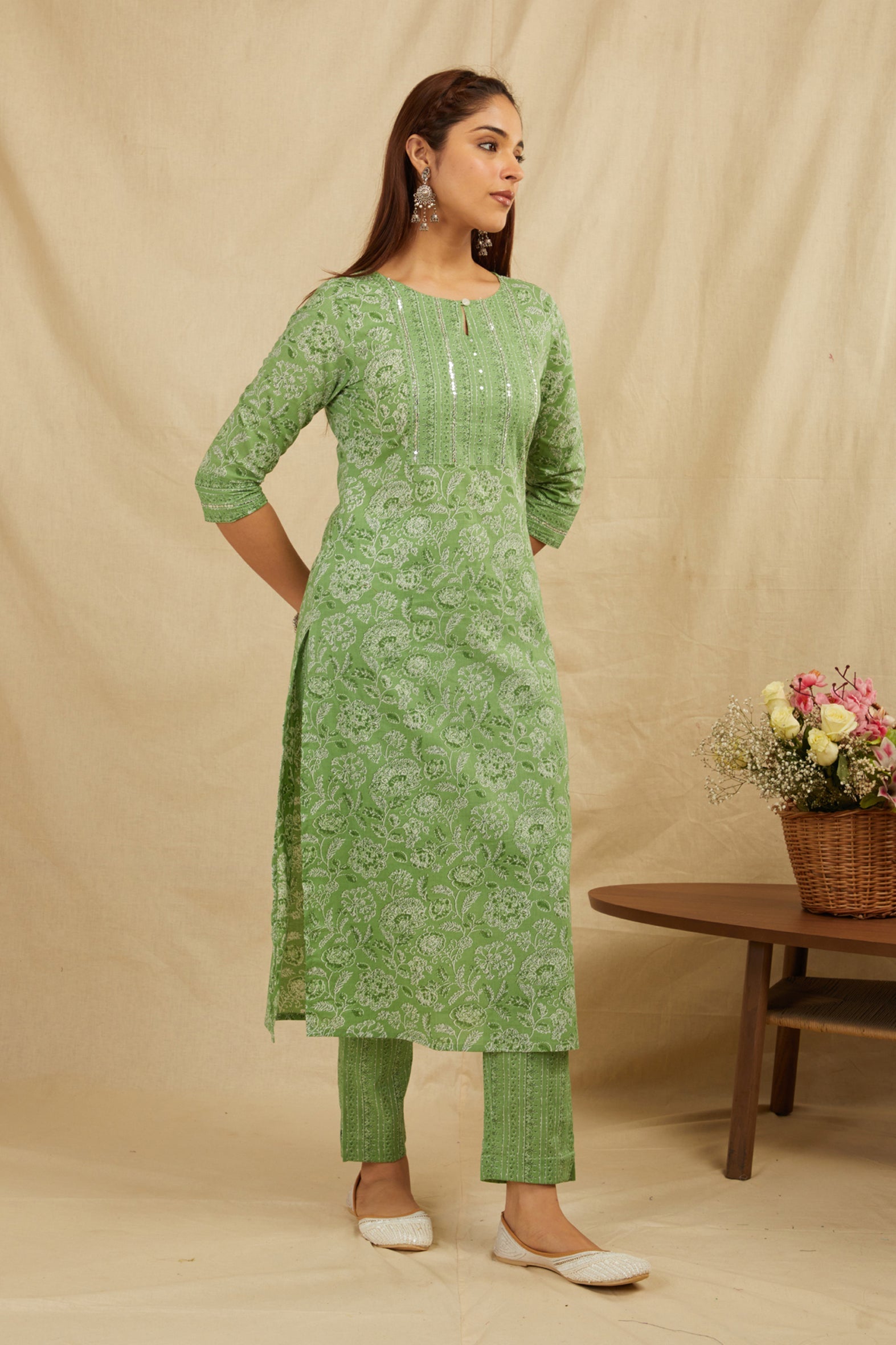 Green Straight Cotton Kurta Pant Set - Elegant & Comfy