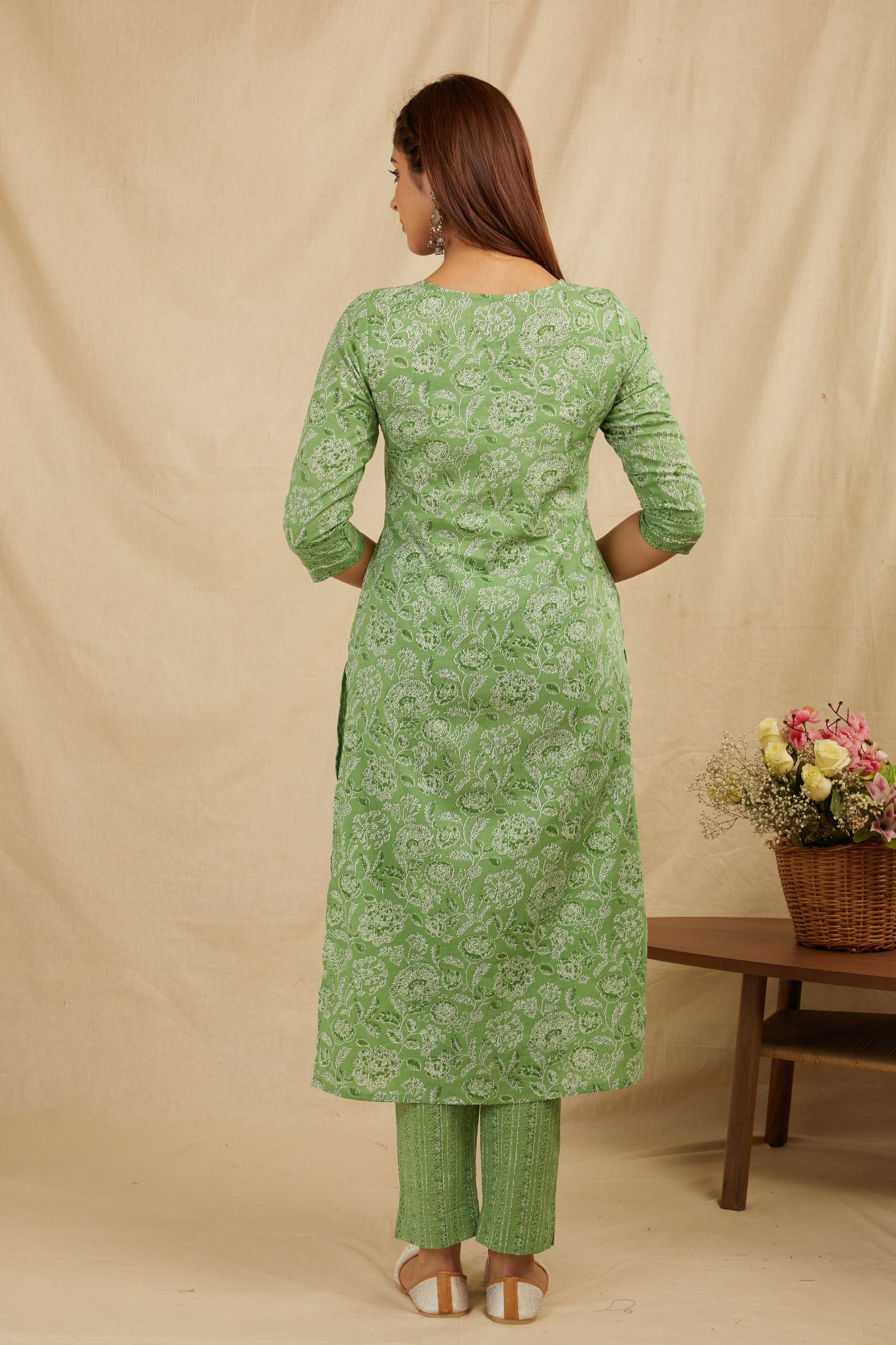 Green Straight Cotton Kurta Pant Set - Elegant & Comfy
