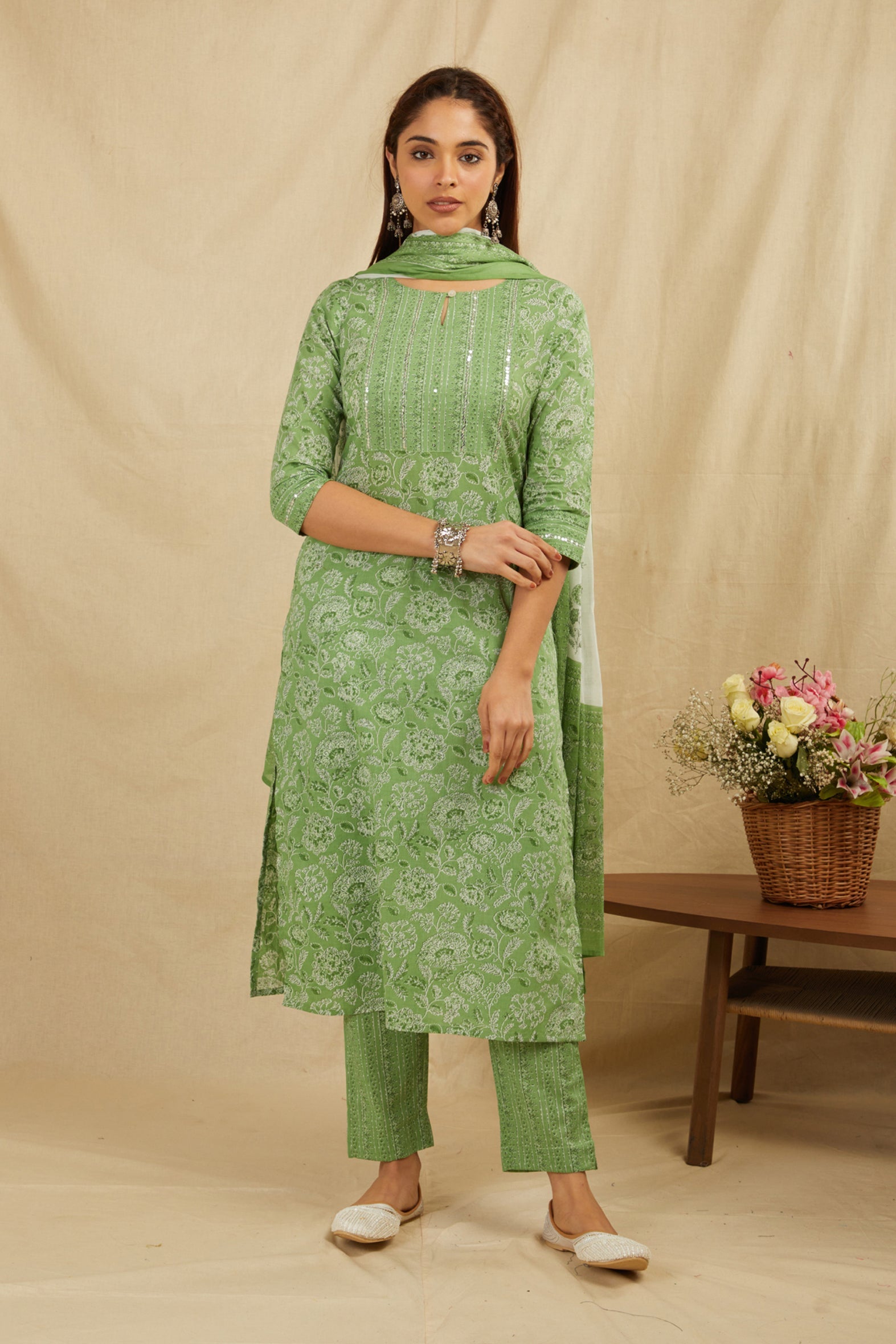 Green Straight Cotton Kurta Pant Set With Dupatta - Set of 3