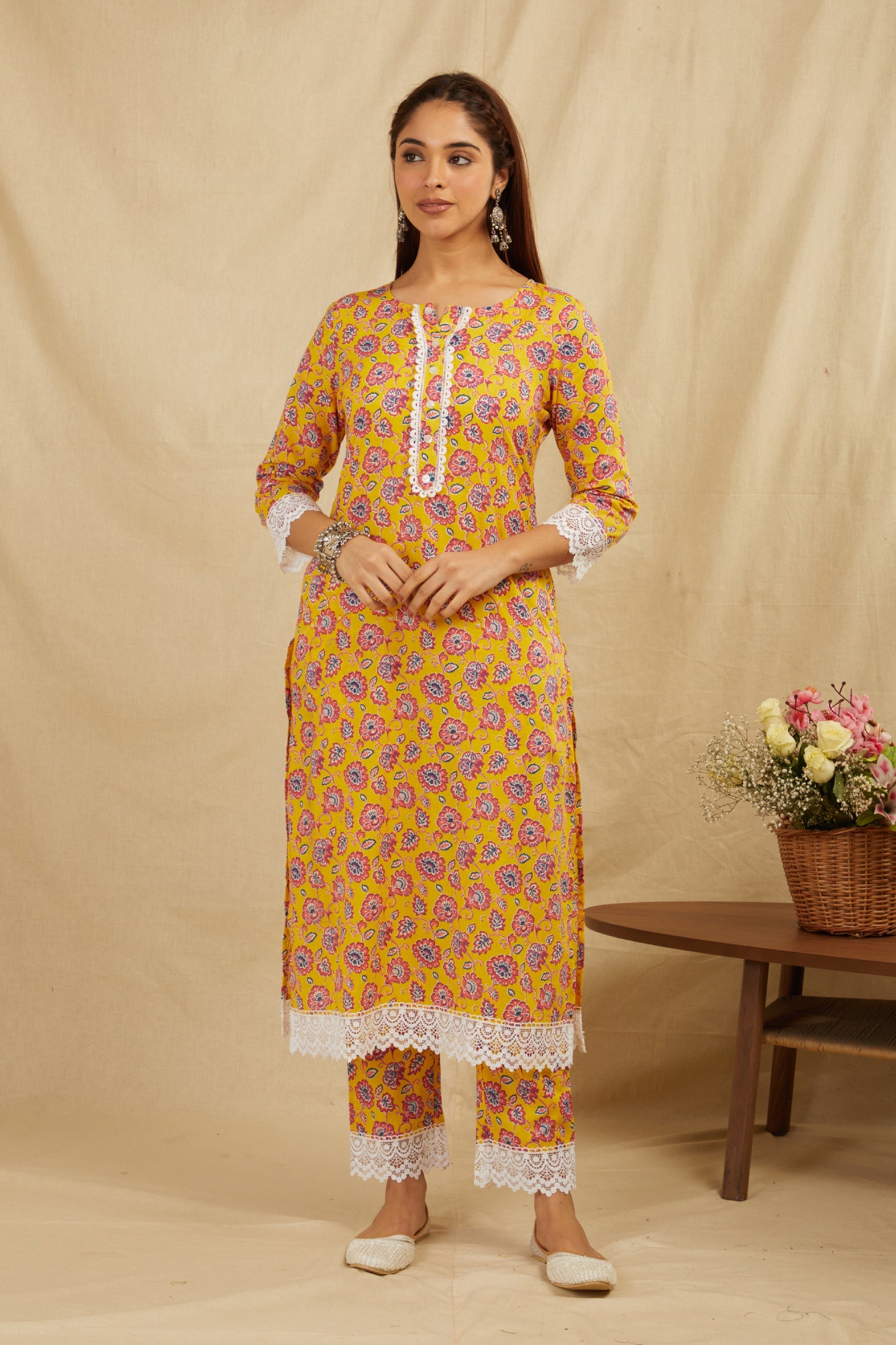 Mustard Printed Cotton Kurta Pant Set with Fancy Lace