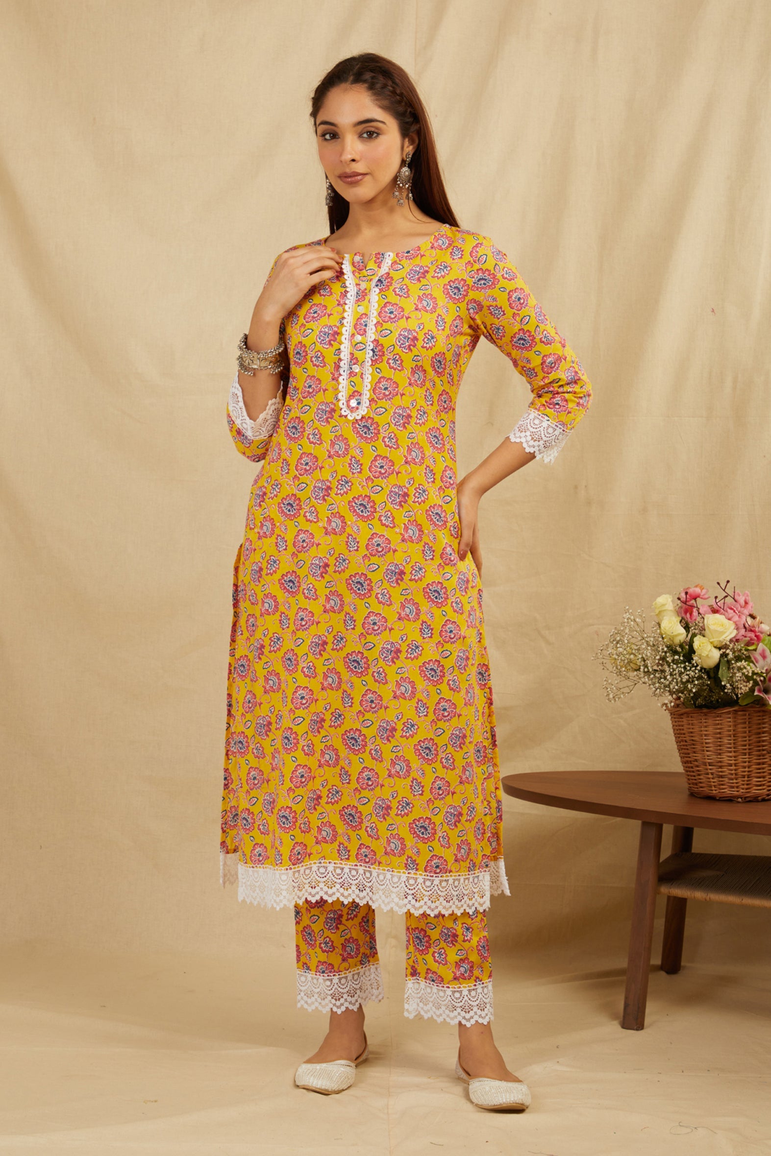 Mustard Printed Cotton Kurta Pant Set with Fancy Lace