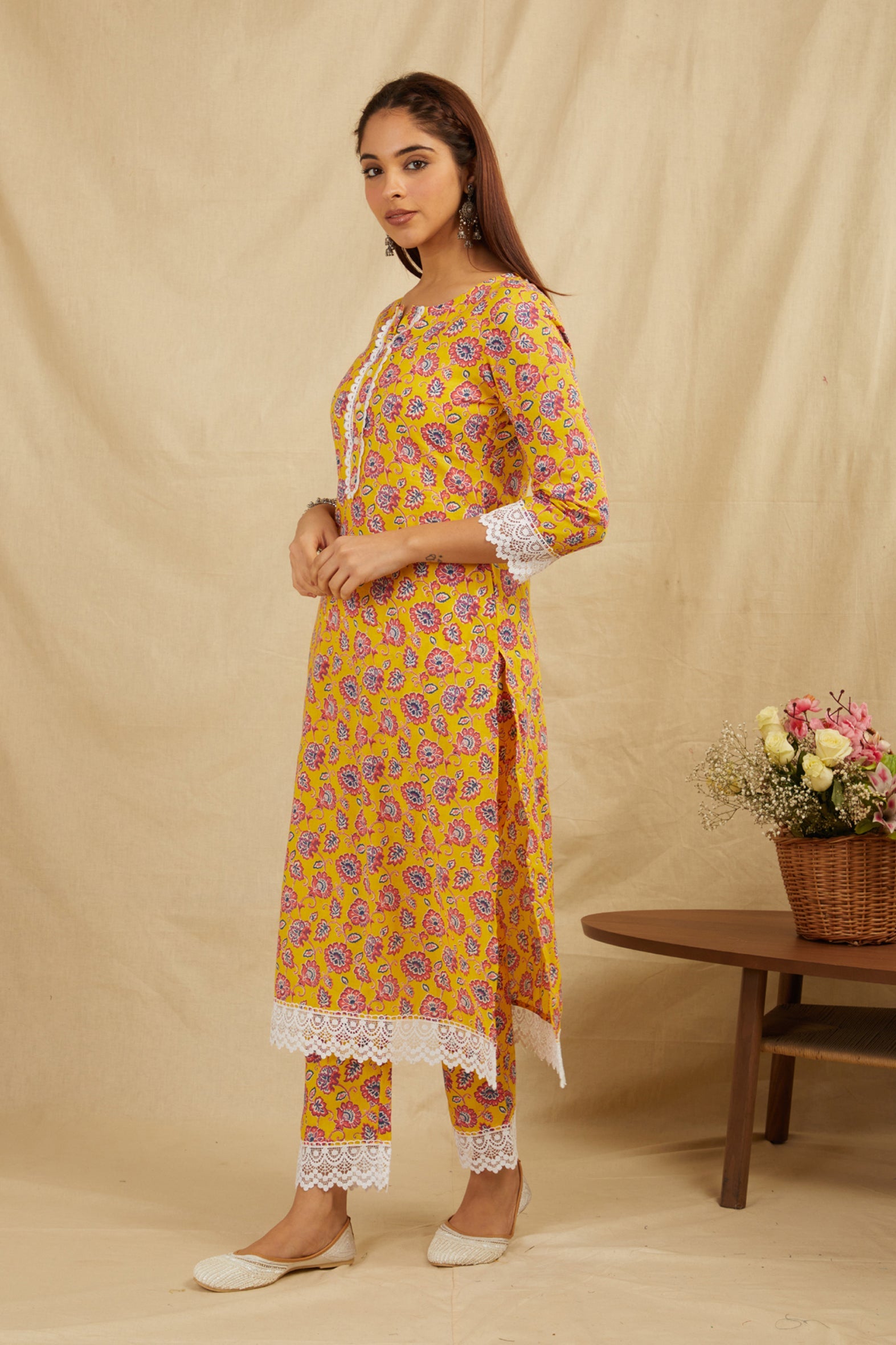 Mustard Printed Cotton Kurta Pant Set with Fancy Lace