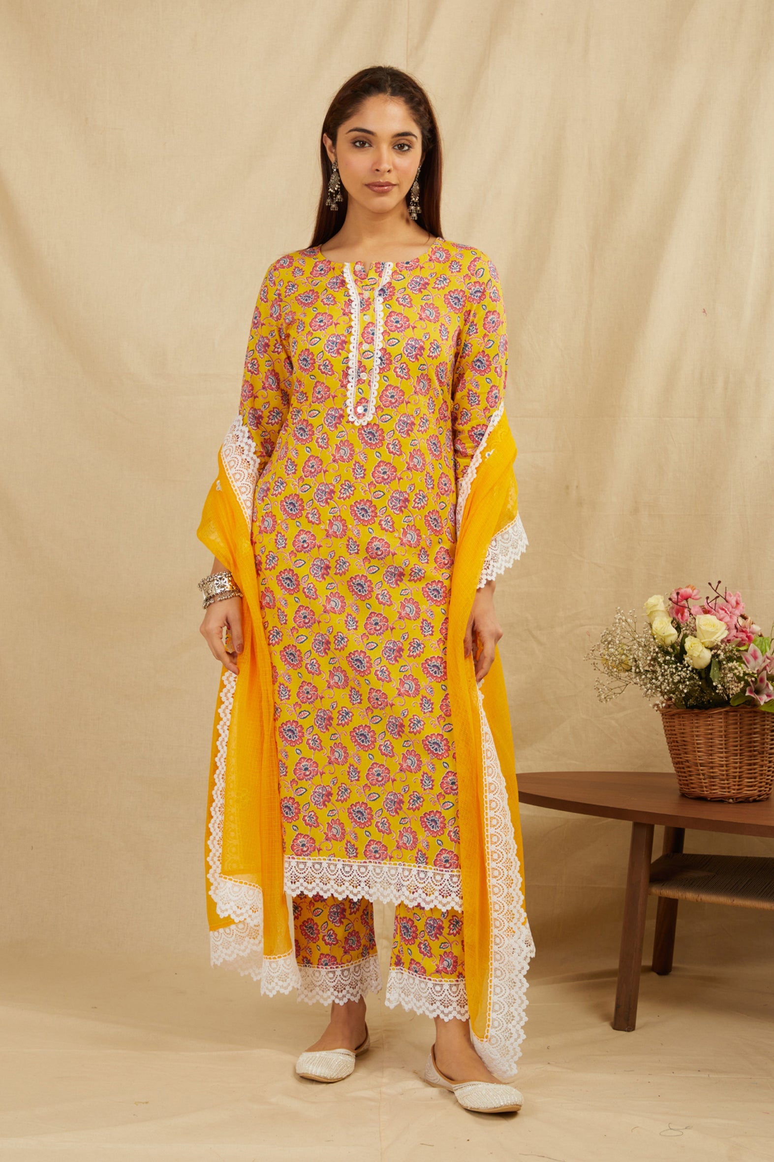 Mustard Printed Cotton Kurta Pant Kota Doria & Lace Set
