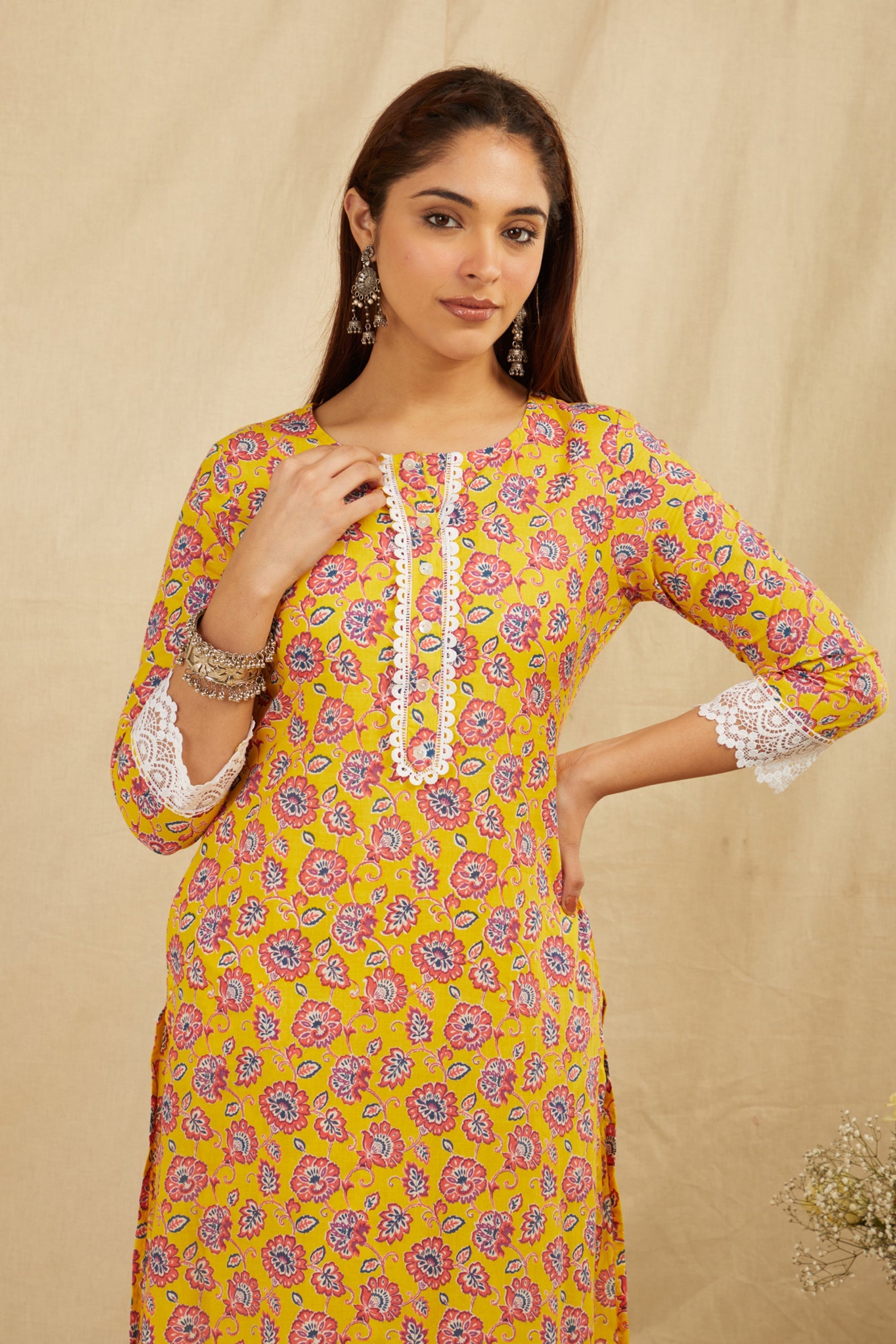 Mustard Printed Cotton Kurta Pant Kota Doria & Lace Set