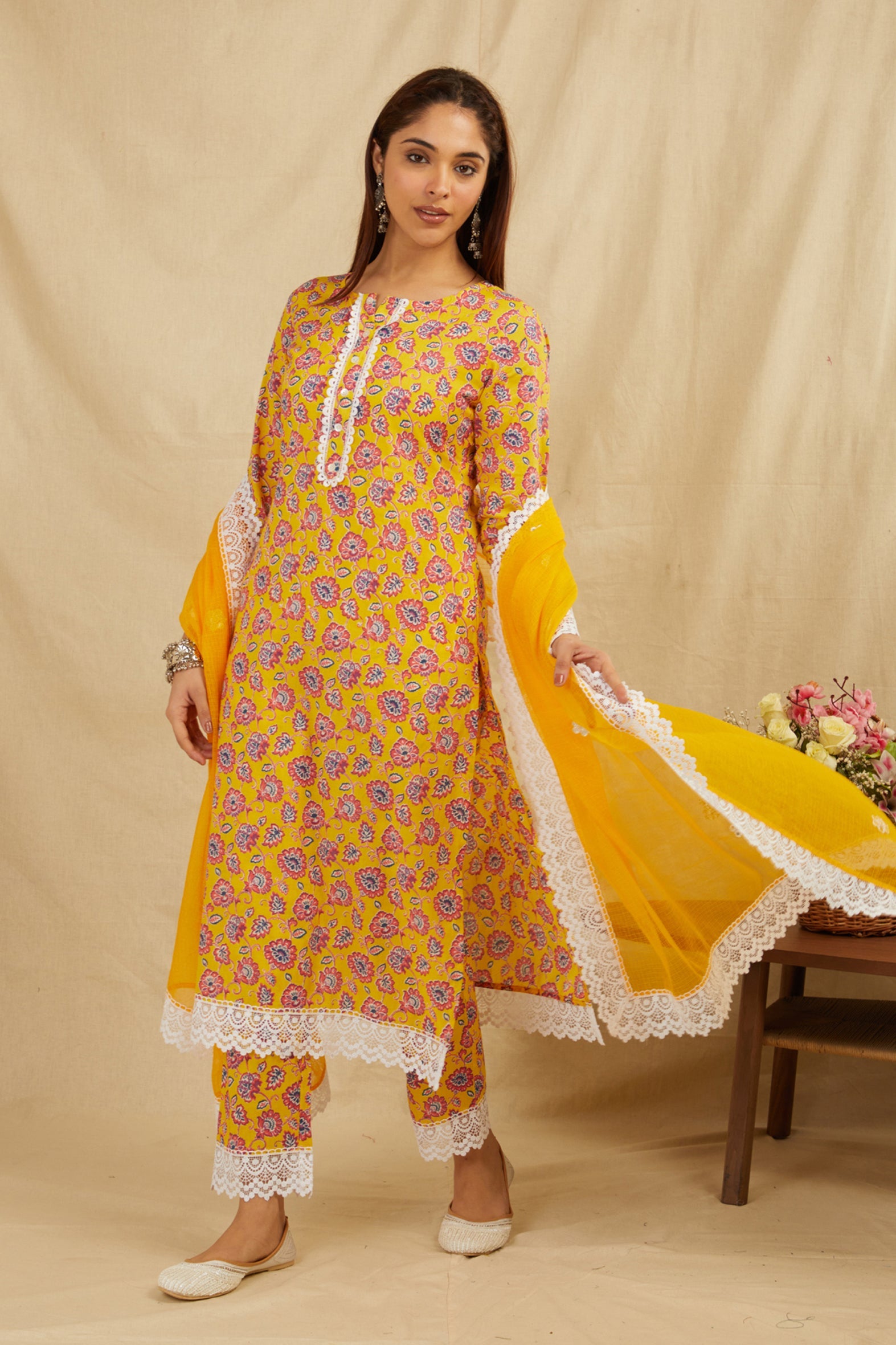 Mustard Printed Cotton Kurta Pant Kota Doria & Lace Set
