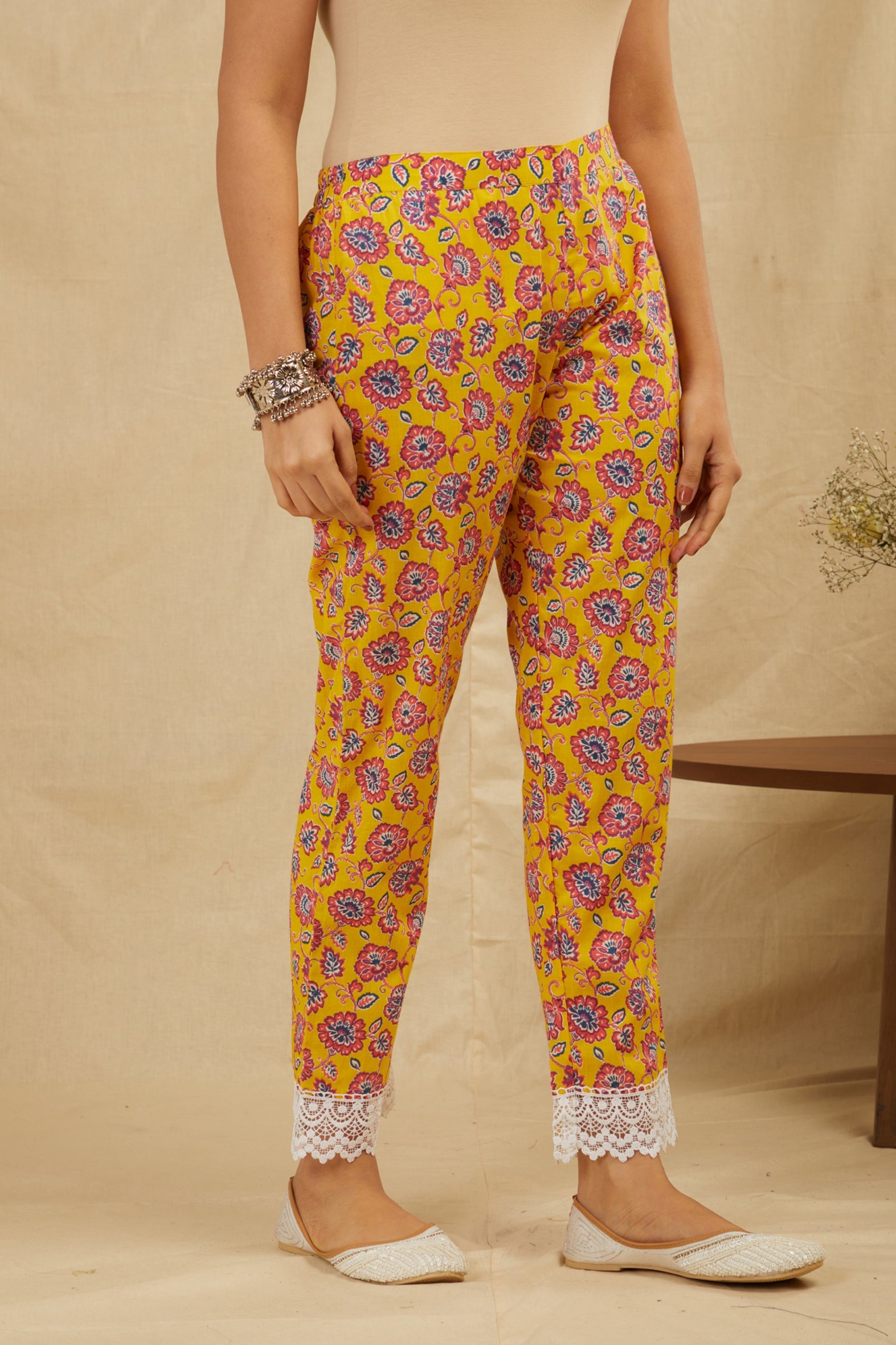 Mustard Printed Cotton Kurta Pant Kota Doria & Lace Set