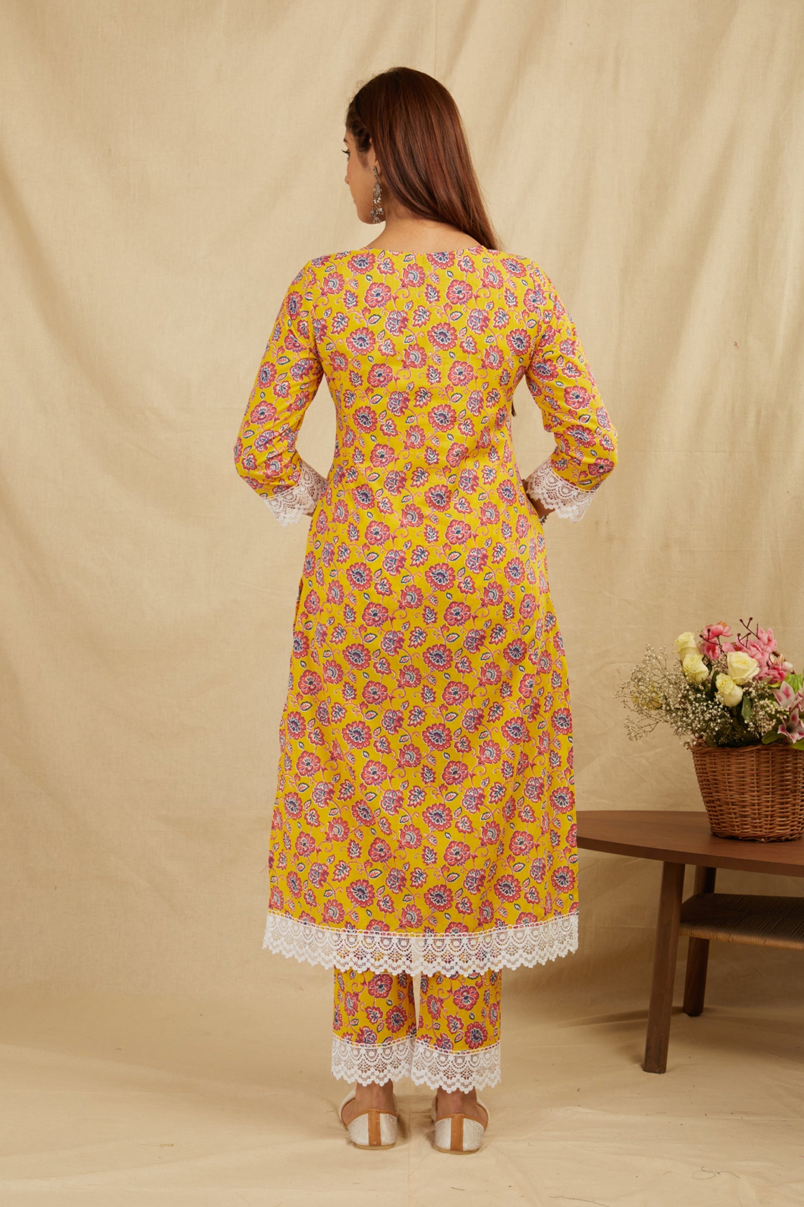 Mustard Printed Cotton Kurta Pant Kota Doria & Lace Set