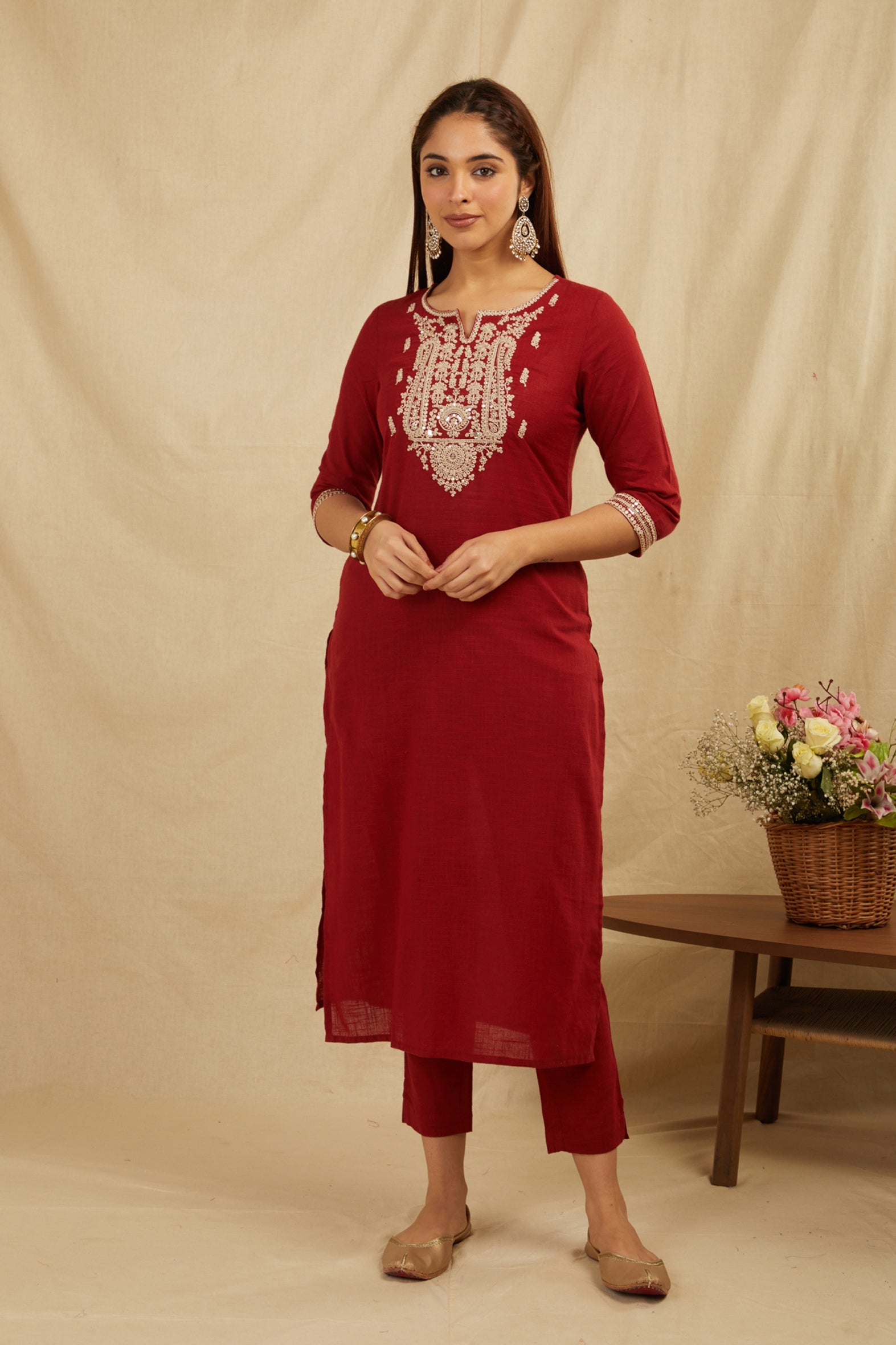 Chic Maroon Cotton Zari Kurta Pant Set (No Dupatta)