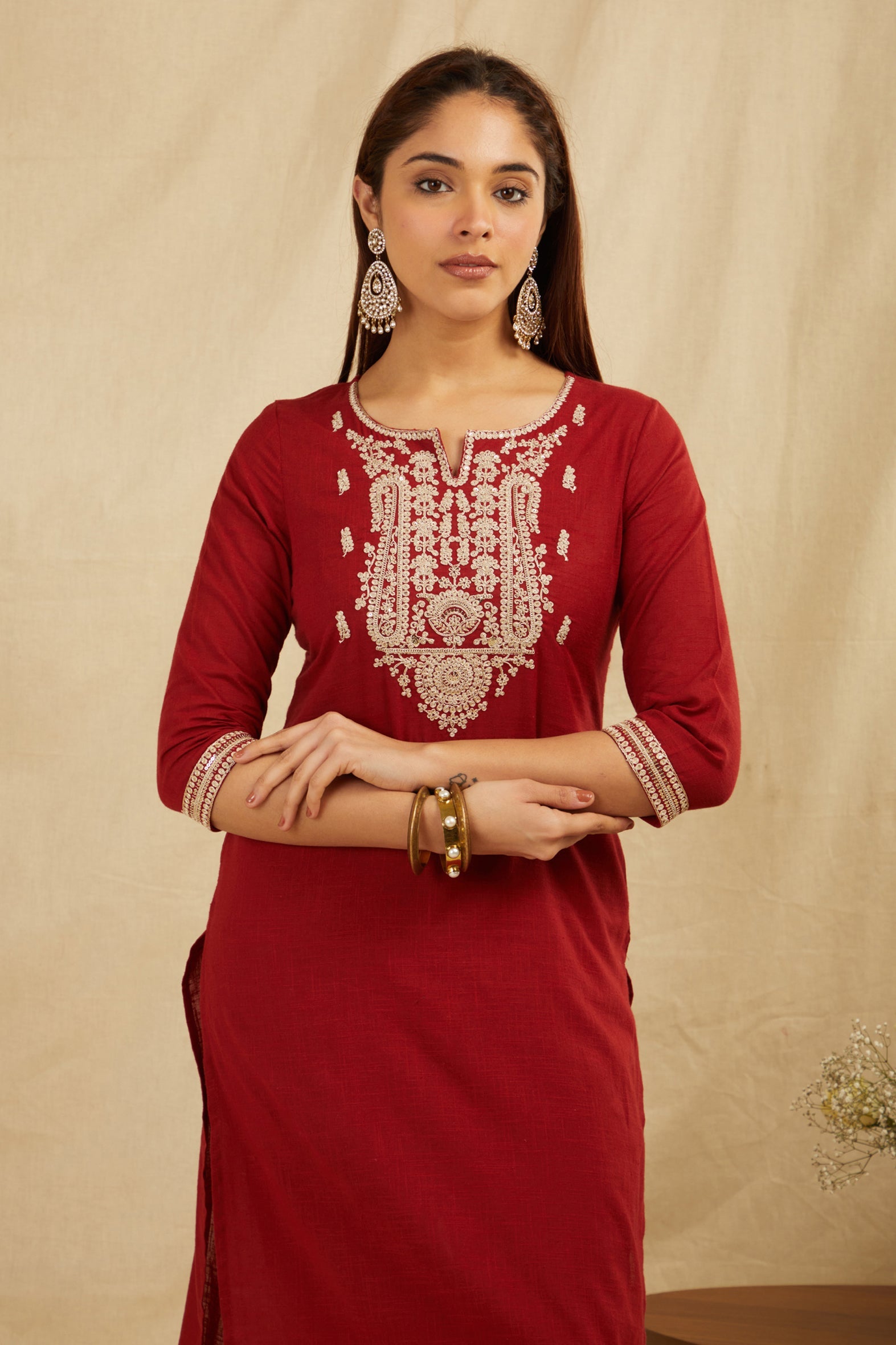 Chic Maroon Cotton Zari Kurta Pant Set (No Dupatta)