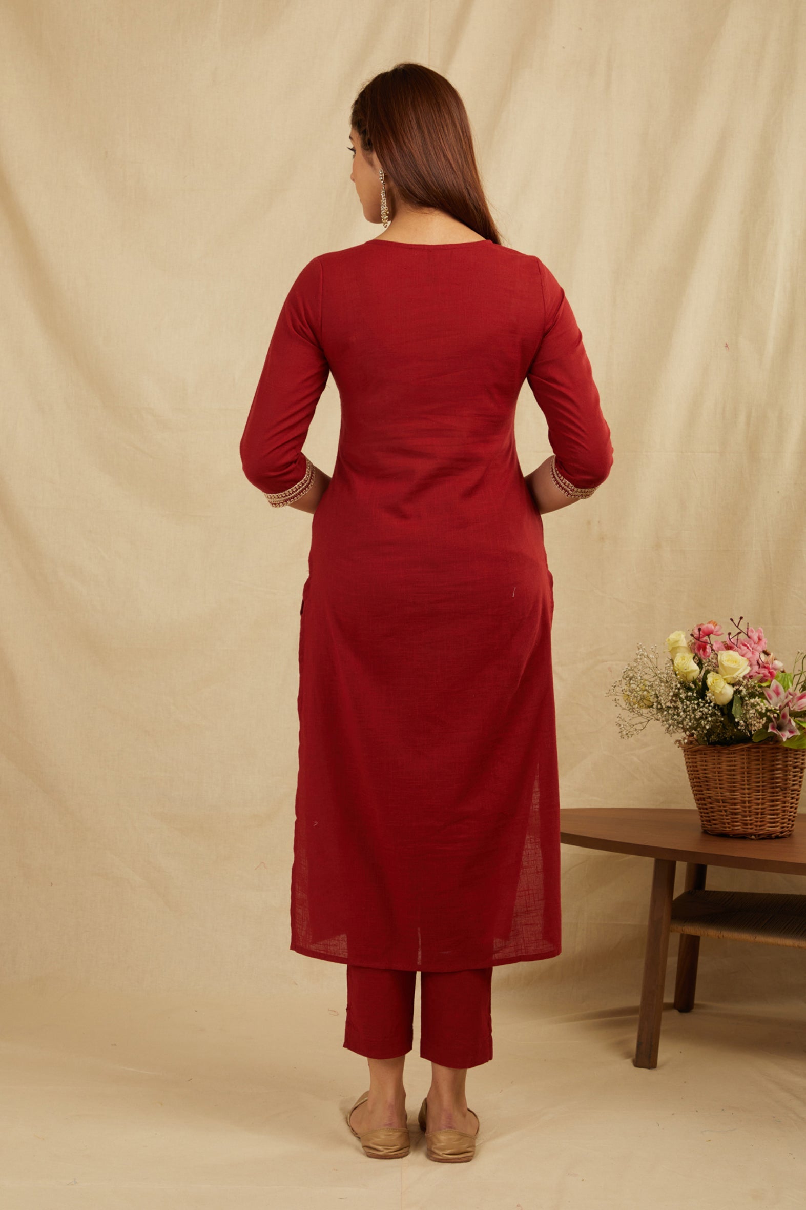 Chic Maroon Cotton Zari Kurta Pant Set (No Dupatta)