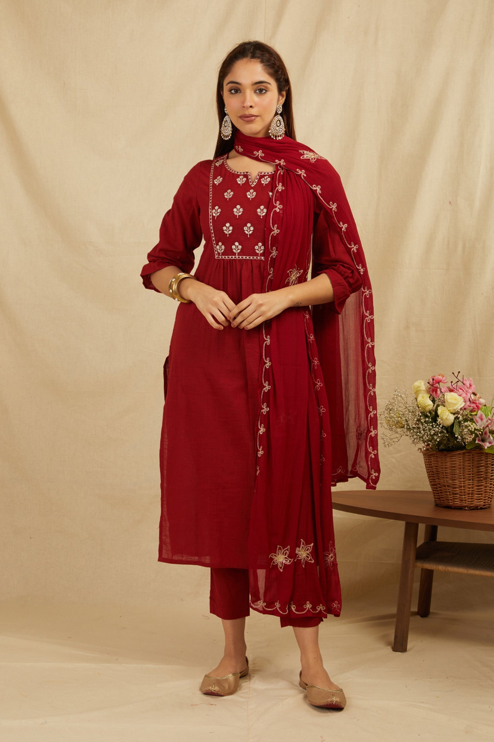 Timeless Maroon Cotton Zari Kurta Set with Chiffon Dupatta