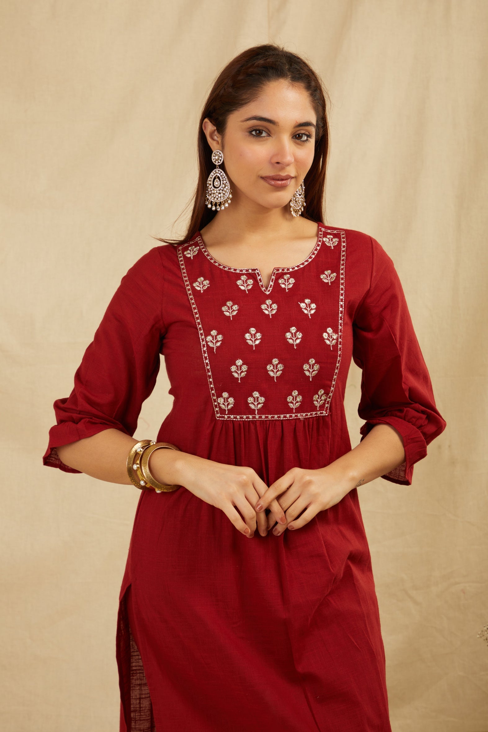 Timeless Maroon Cotton Zari Kurta Set with Chiffon Dupatta