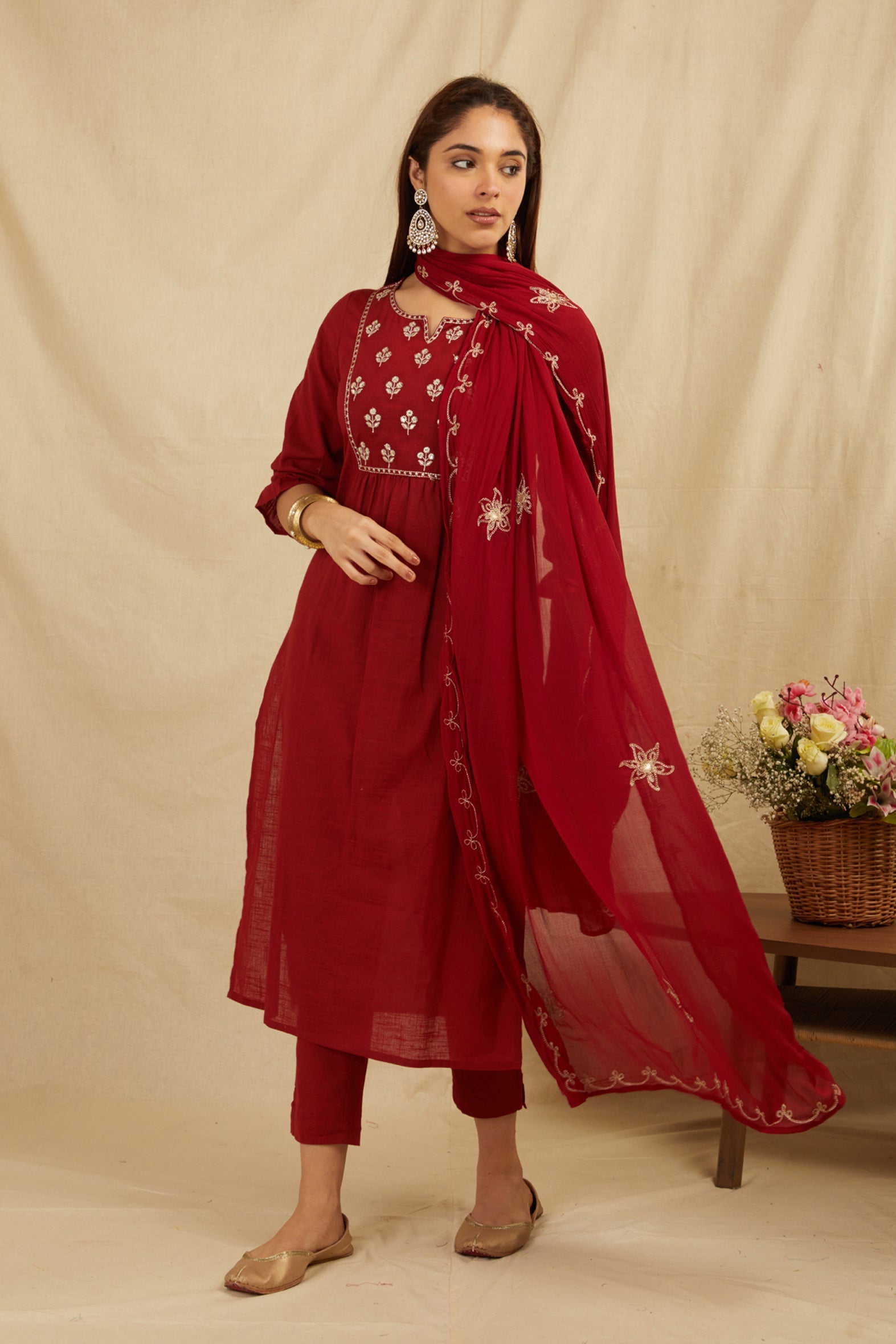 Timeless Maroon Cotton Zari Kurta Set with Chiffon Dupatta