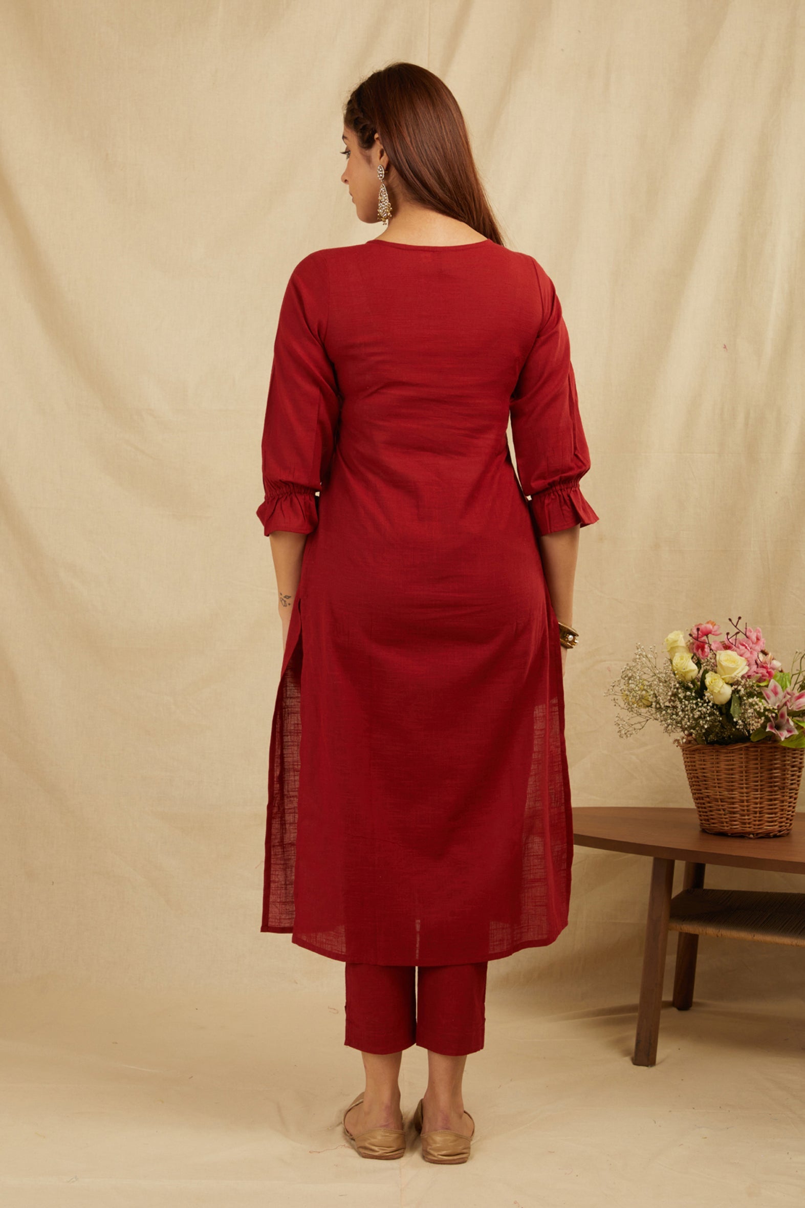 Timeless Maroon Cotton Zari Kurta Set with Chiffon Dupatta
