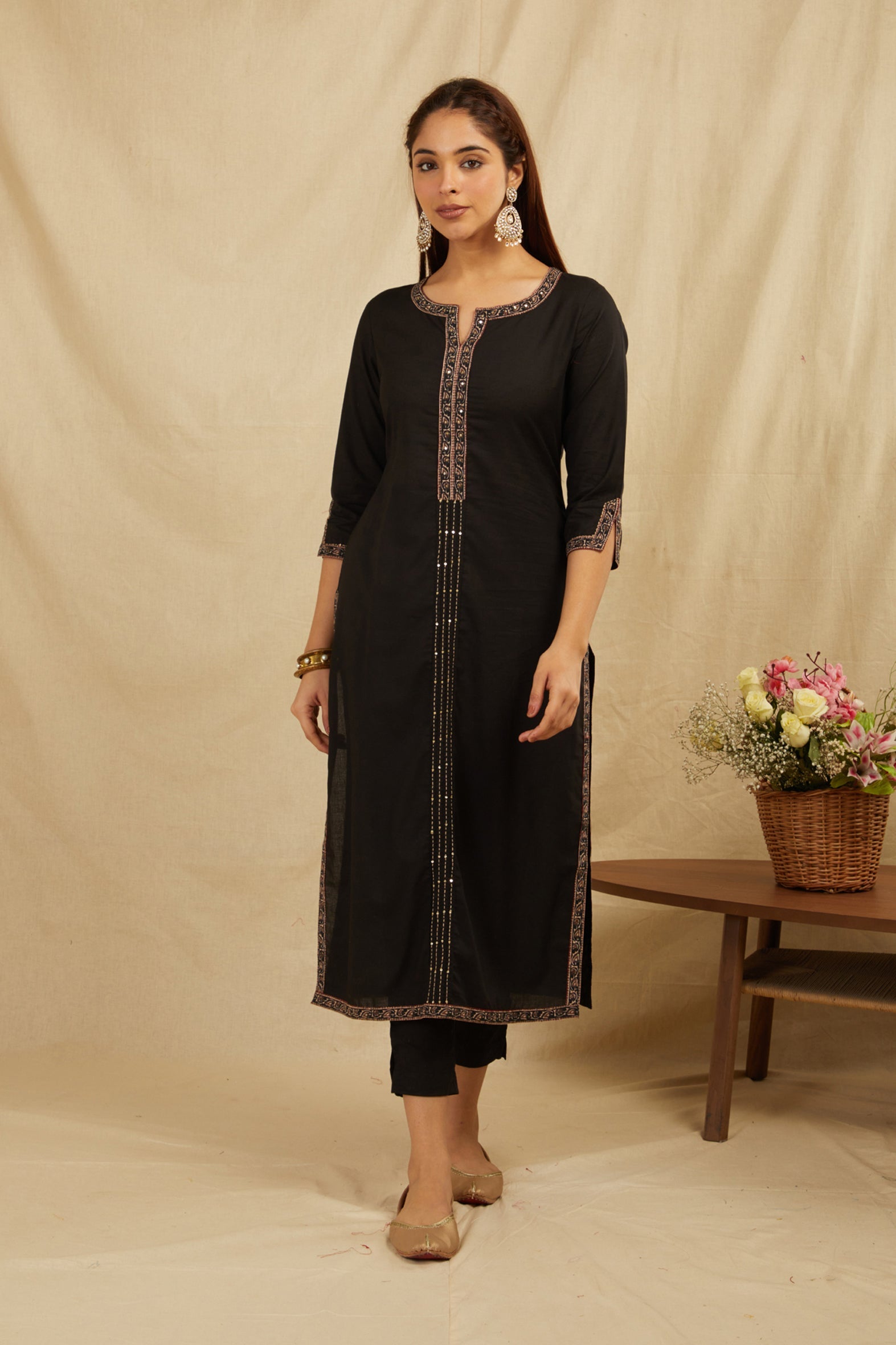Black Printed Cotton Kurta with Pants Set - Handwork