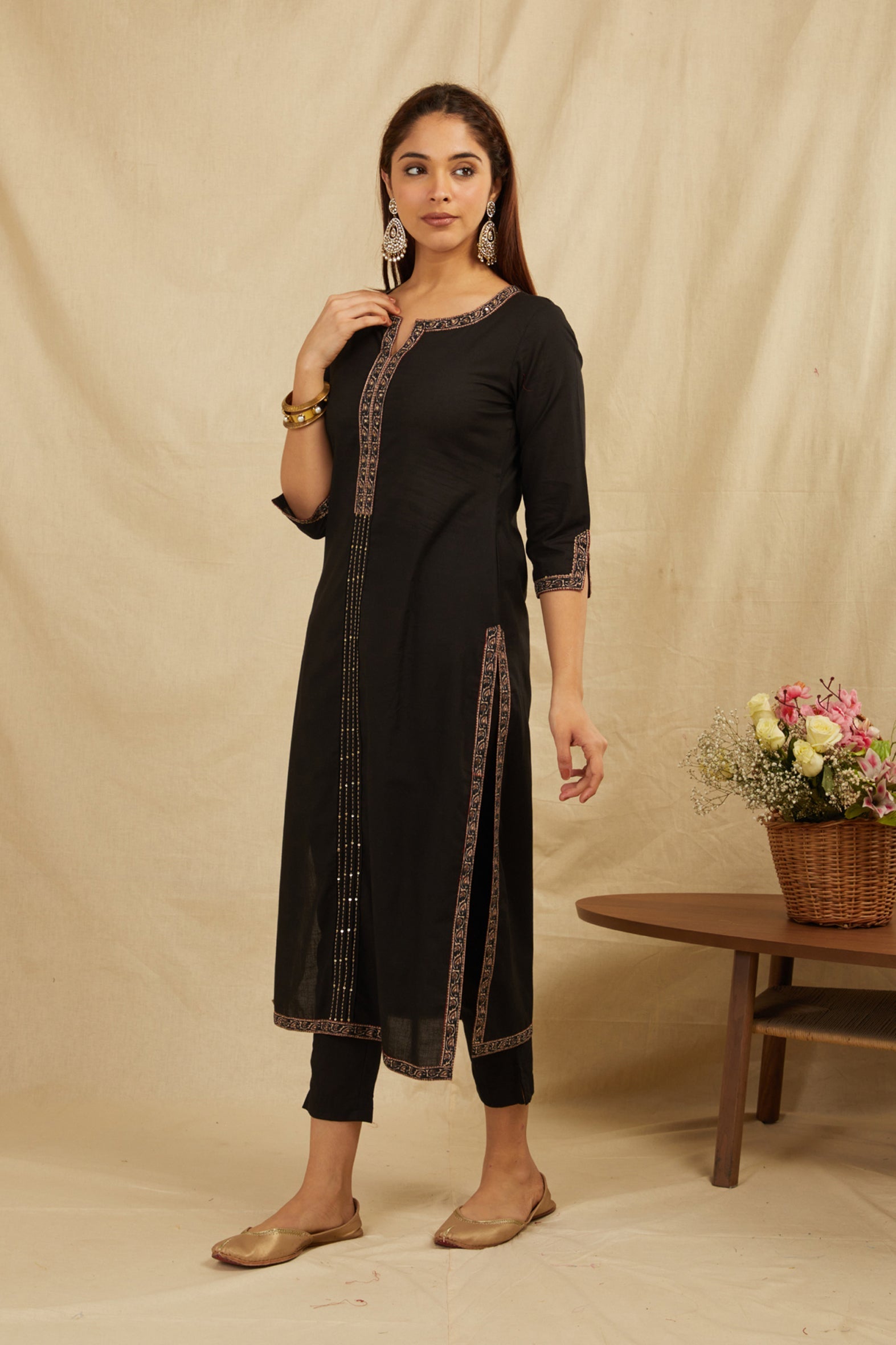 Black Printed Cotton Kurta with Pants Set - Handwork