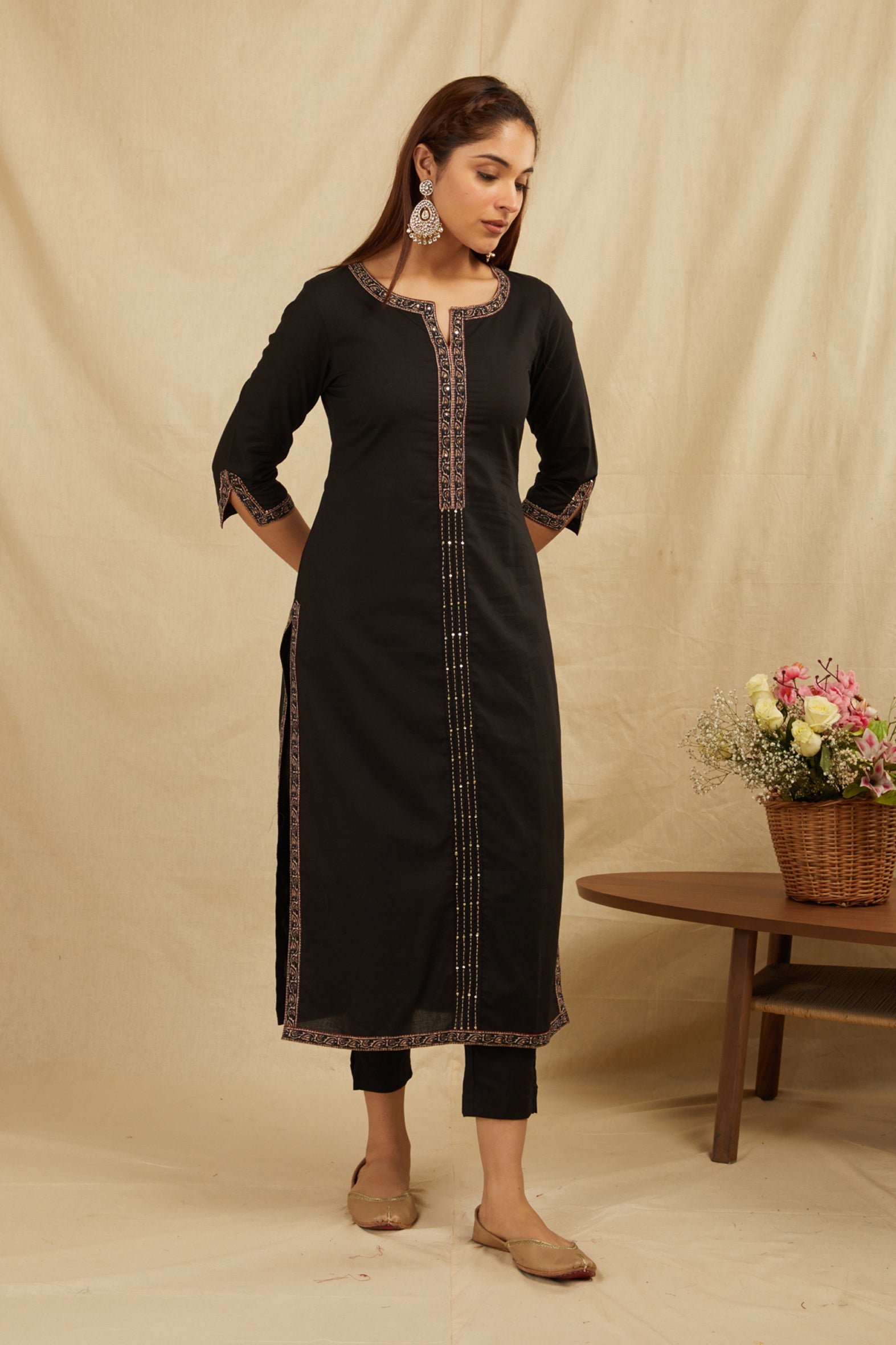 Black Printed Cotton Kurta with Pants Set - Handwork