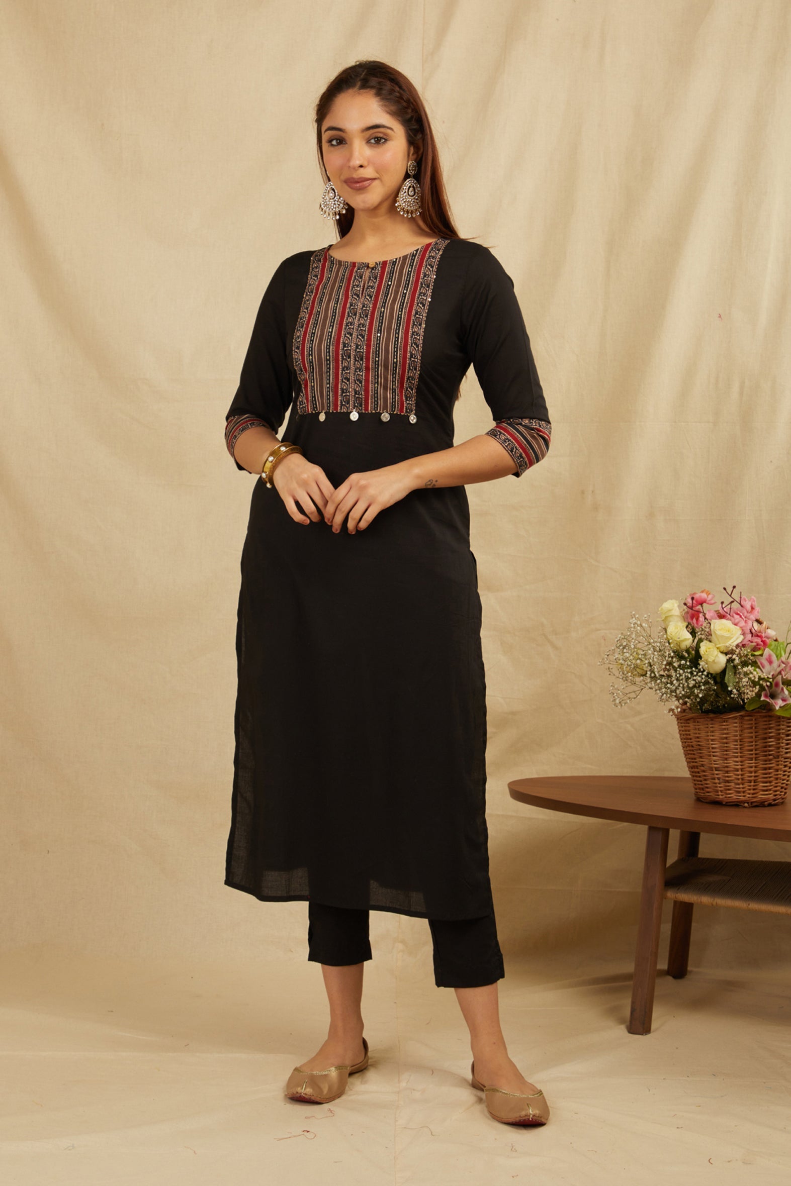 Black Hand Block Cotton Kurta with Pants Set - Handwork