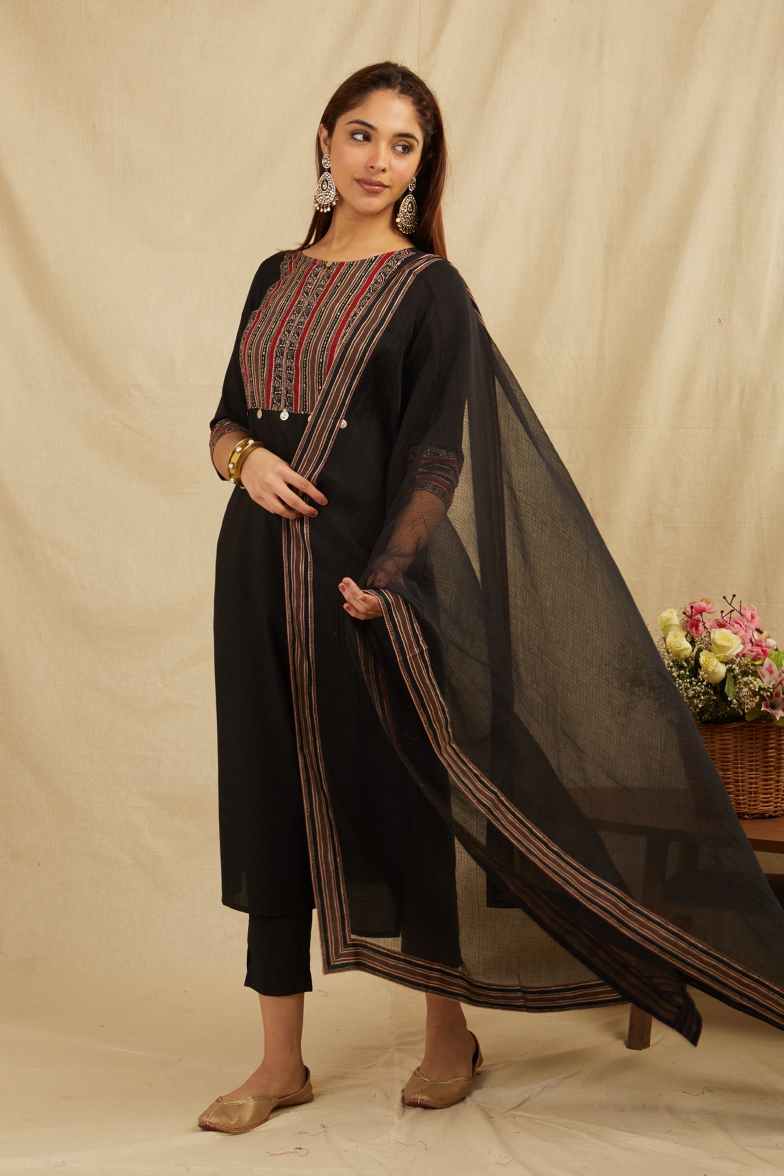 Black Printed Cotton Kurta Pant & Kota Doria Dupatta