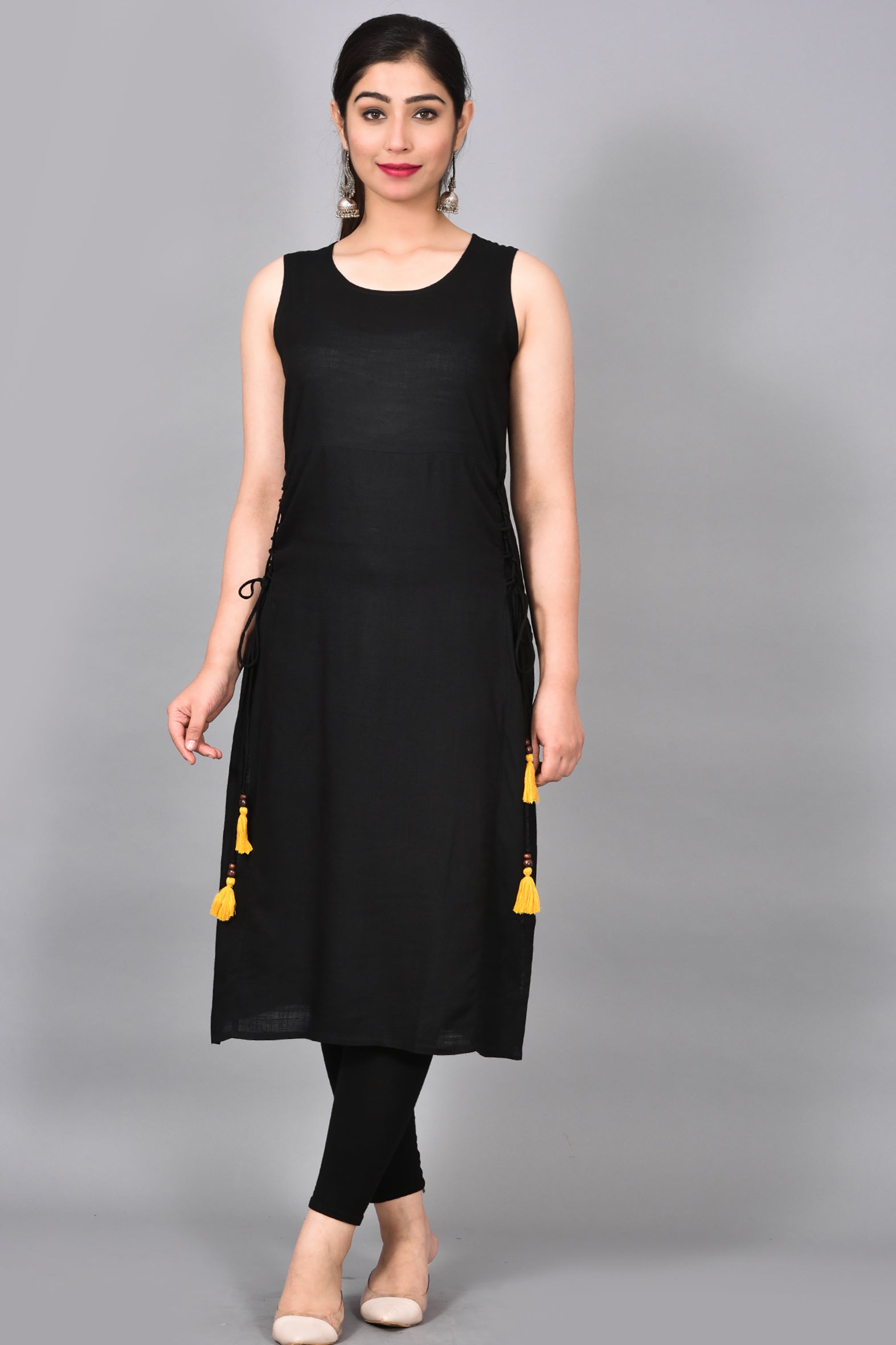 Black Solid Rayon Kurta with Pants Set