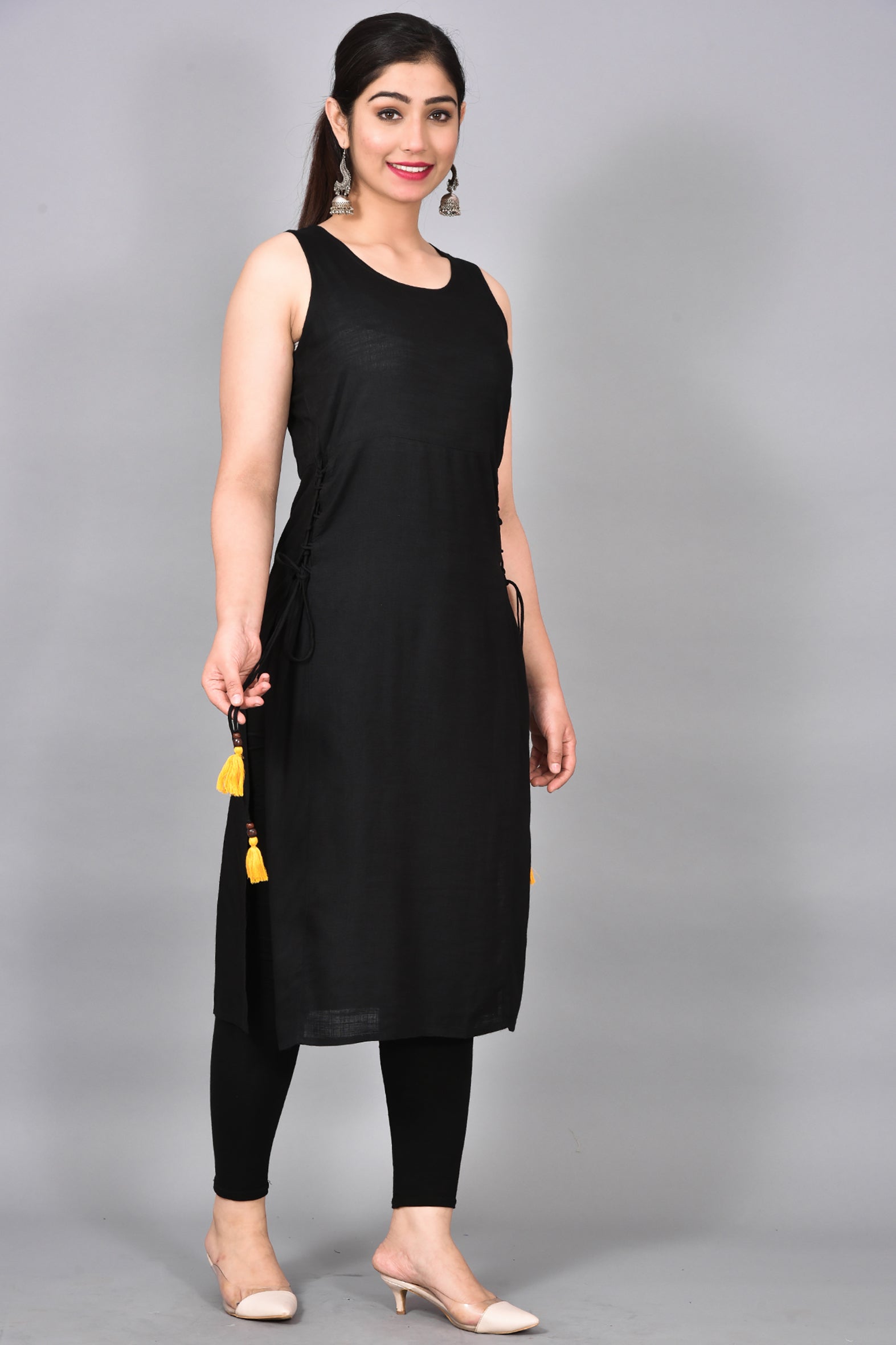 Black Solid Rayon Kurta with Pants Set