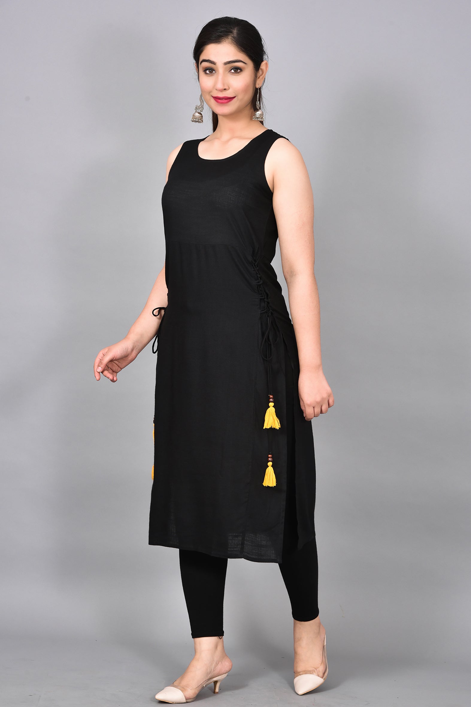 Black Solid Rayon Kurta with Pants Set