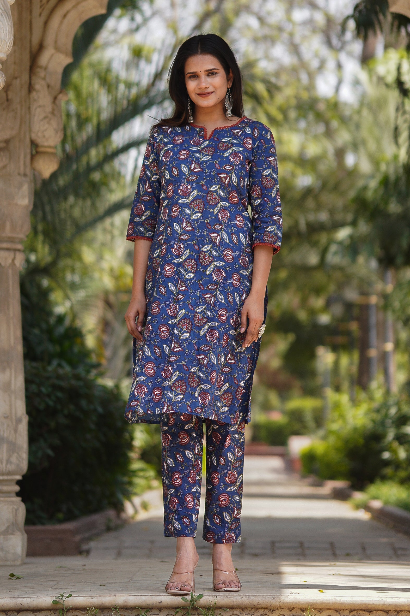 Blue Floral Printed Cotton Straight Kurta Pants Set