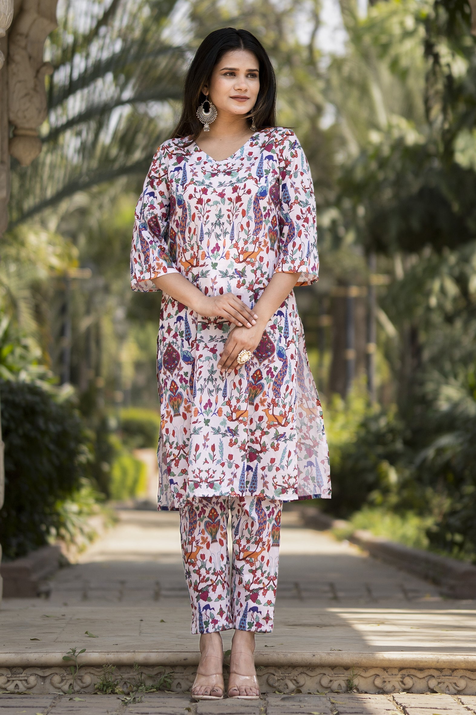 White Printed Muslin Straight Kurta Pants Set