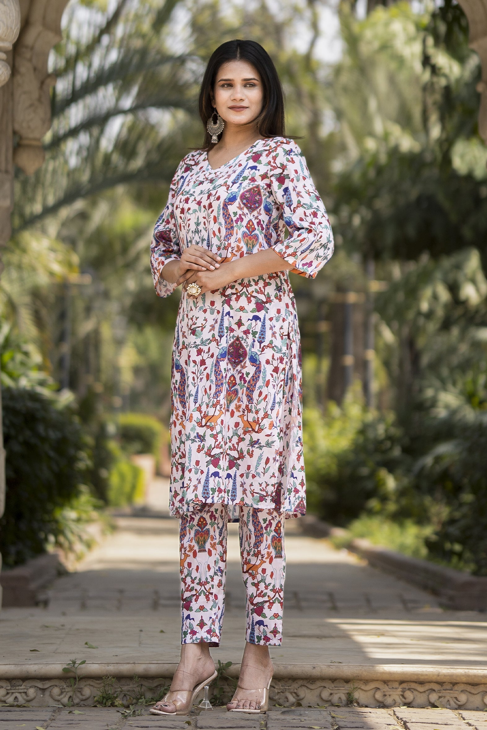 White Printed Muslin Straight Kurta Pants Set