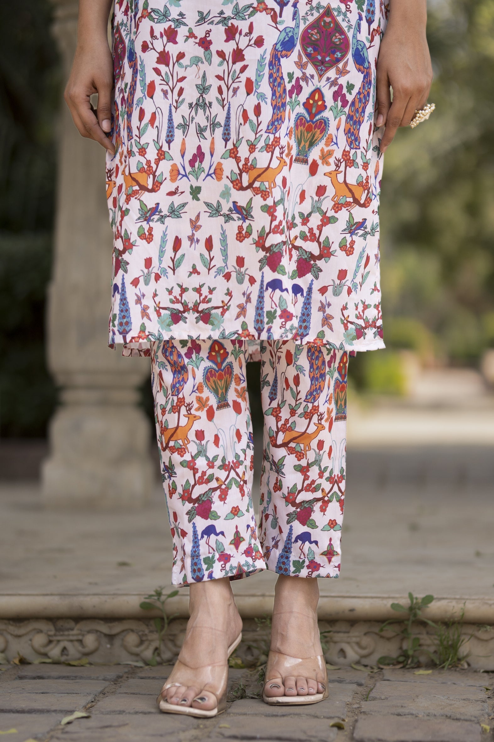White Printed Muslin Straight Kurta Pants Set
